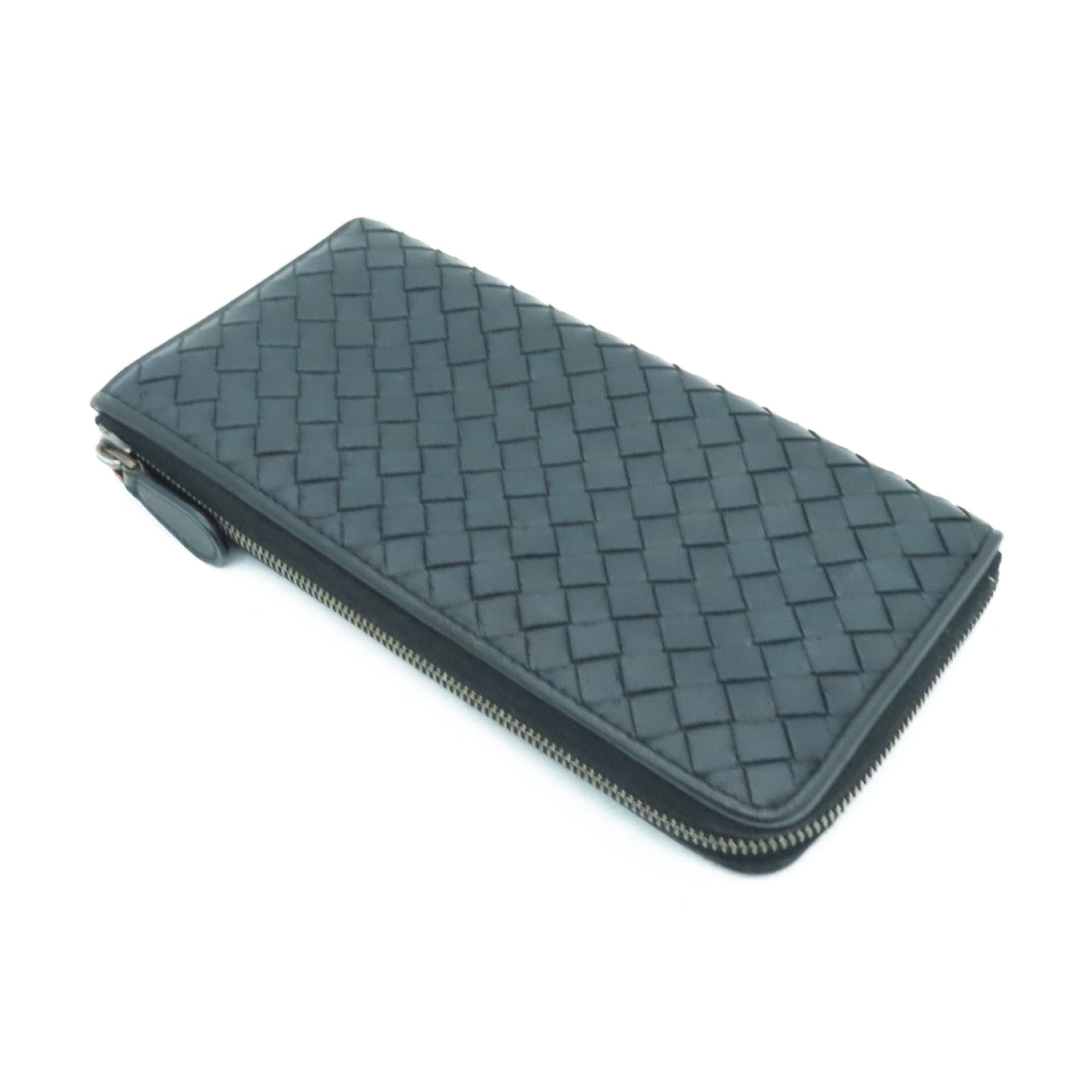 BOTTEGA VENETA Textured Leather Long Wallet Silver Buckle Long Wallet Black