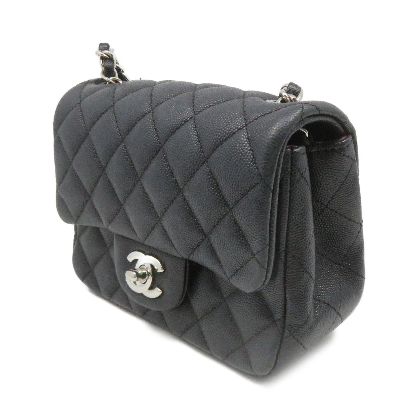 CHANEL 菱格Caviar皮革Chain Shoulder Bag銀扣鏈帶肩背袋碳灰色