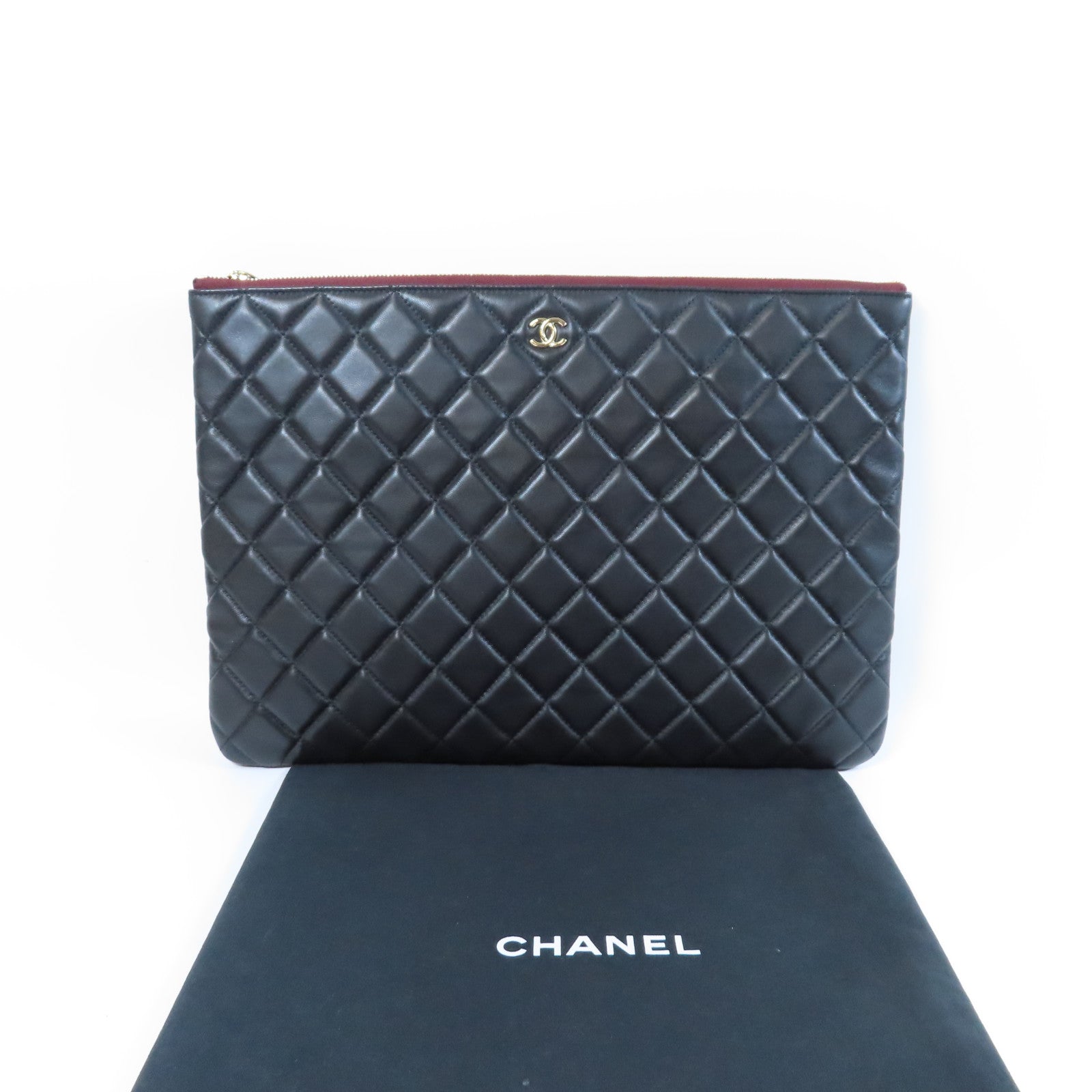 CHANEL 菱格羊皮皮革Clutch Bag金扣手拿包黑色