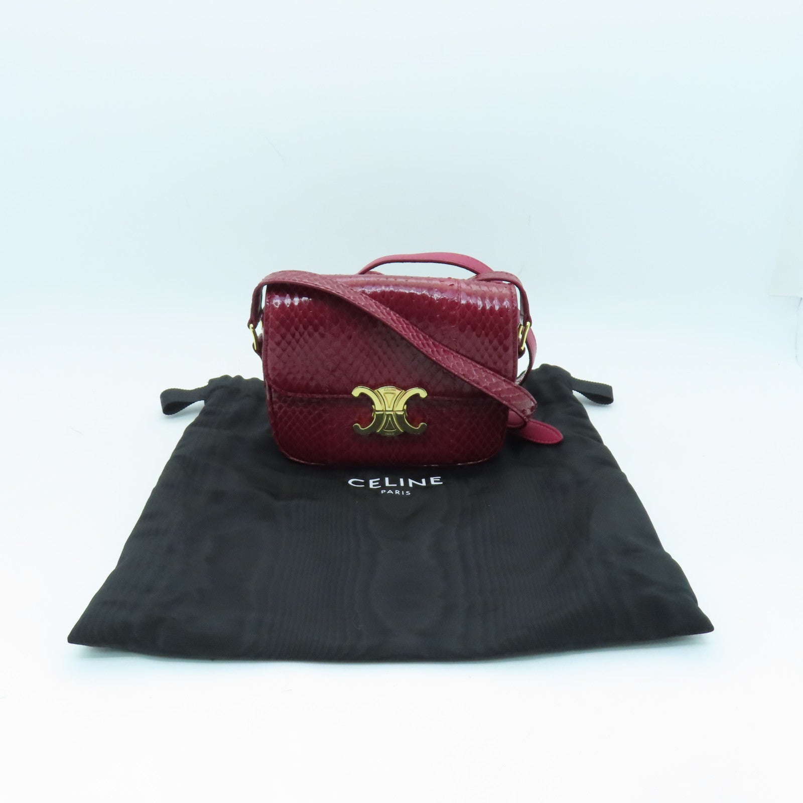 CELINE Snakeskin Leather Triomphe Nano Shoulder Bag Fuchsia with Gold Buckle