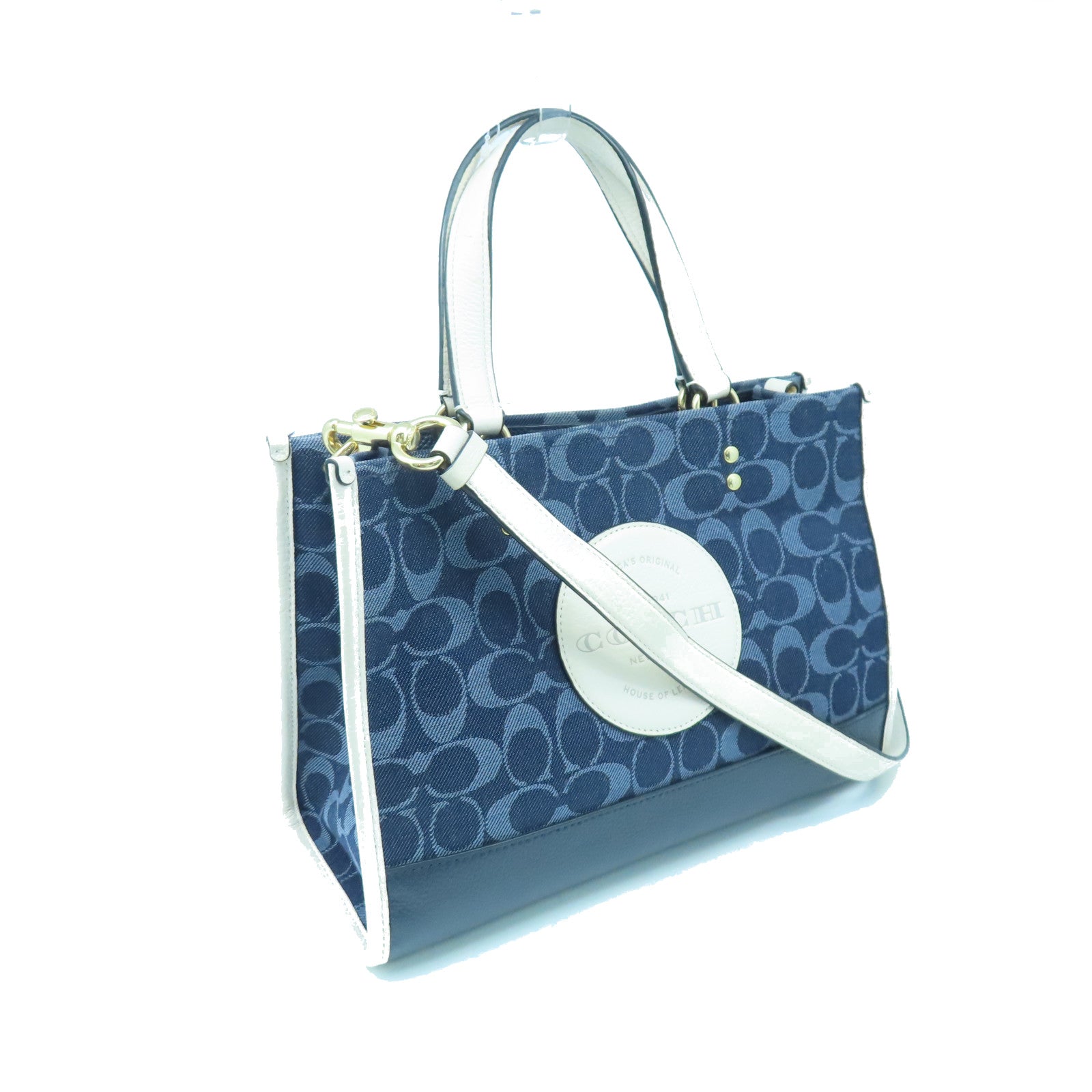 COACH Canvas 2 Way Shoulder Gold Buckle Handle Shoulder Backpack Dark Blue/White