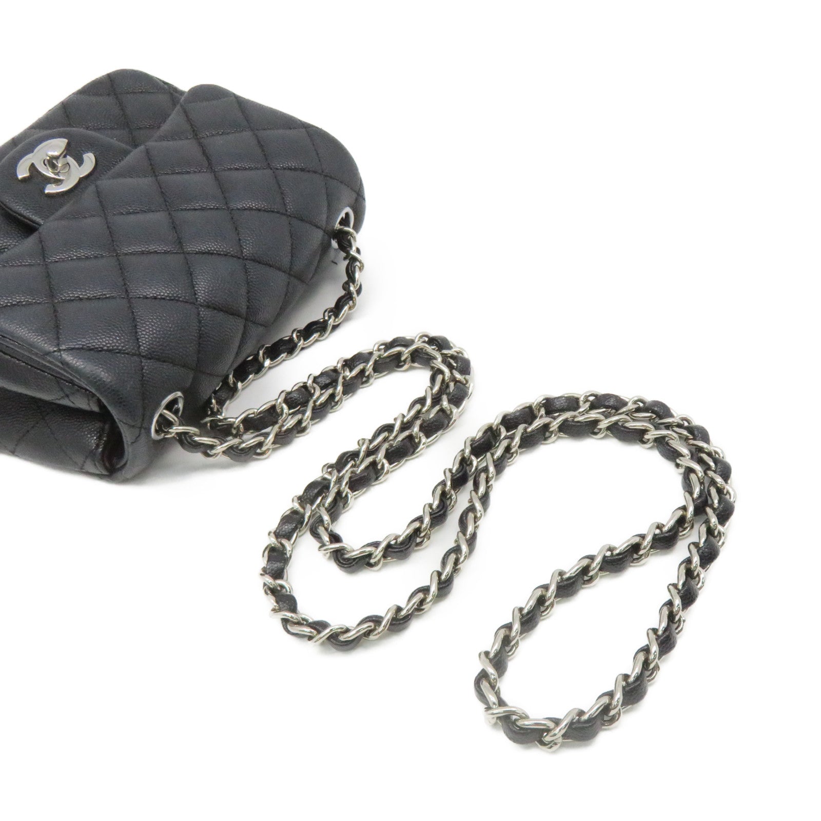 CHANEL 菱格Caviar皮革Chain Shoulder Bag銀扣鏈帶肩背袋碳灰色