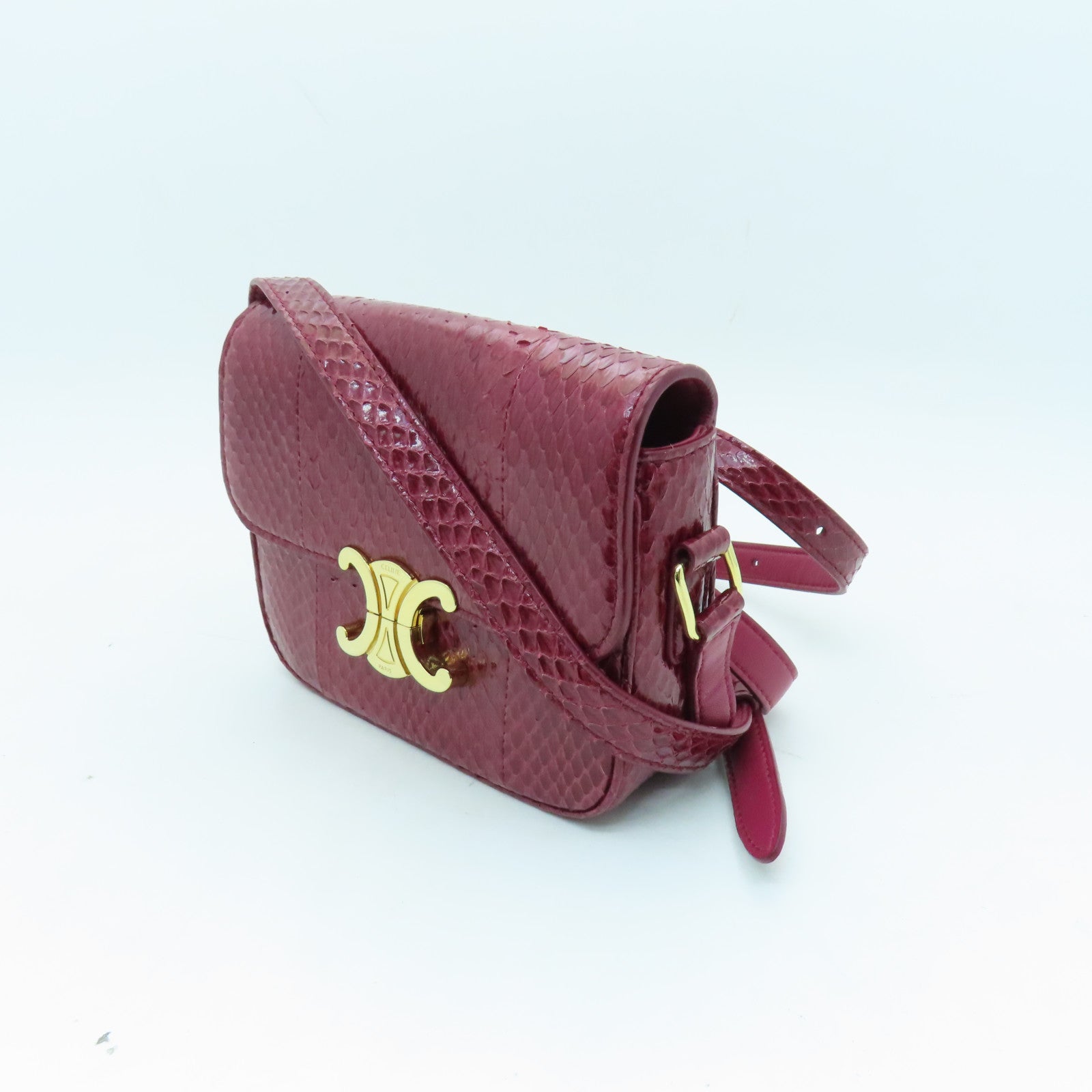CELINE Snakeskin Leather Triomphe Nano Shoulder Bag Fuchsia with Gold Buckle