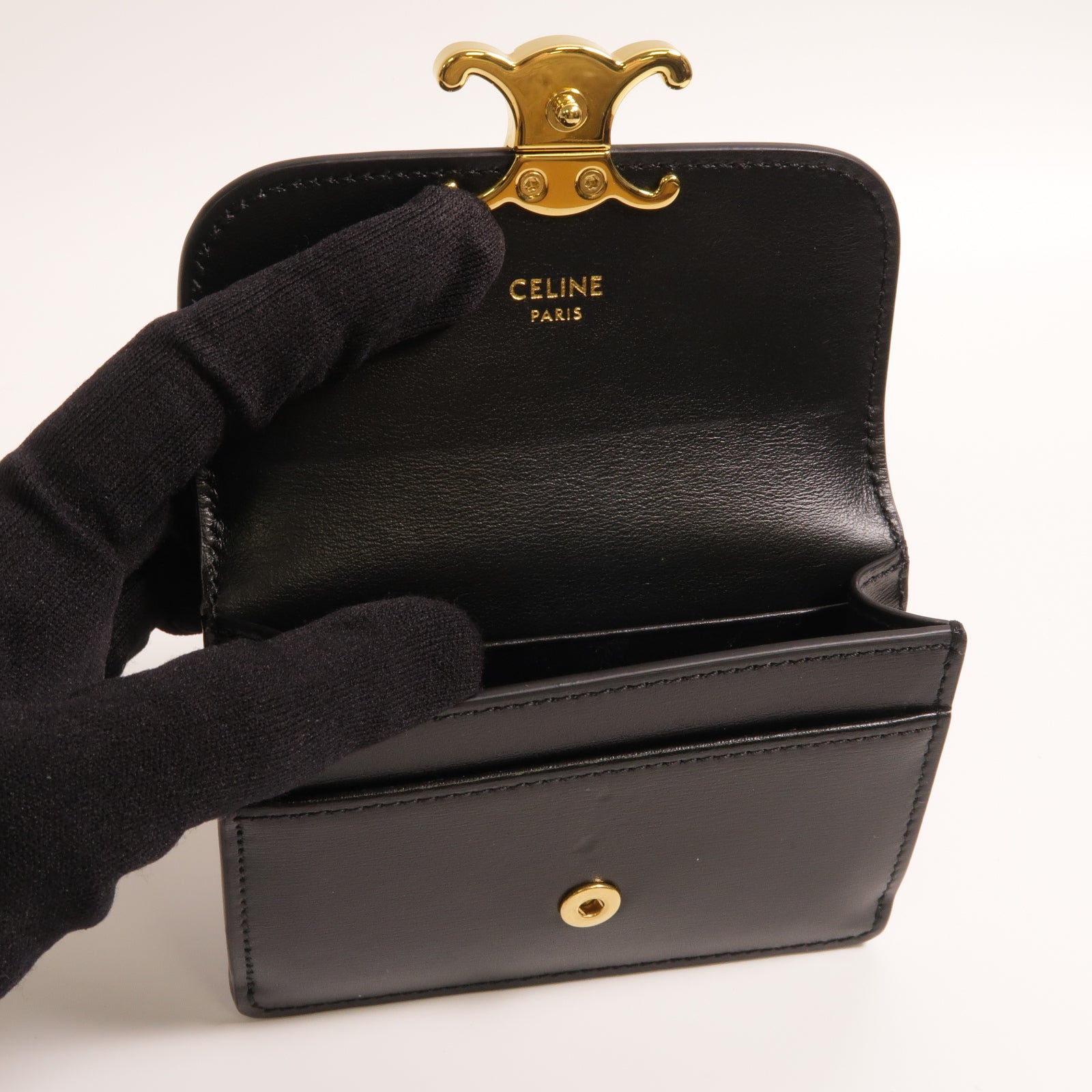 CELINE 牛皮皮革Triomphe Card Holder金扣卡片套黑色