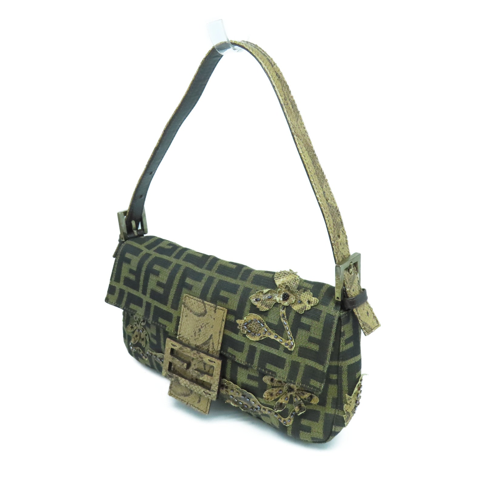FENDI 帆布Baguette金扣/銀扣肩背袋啡色