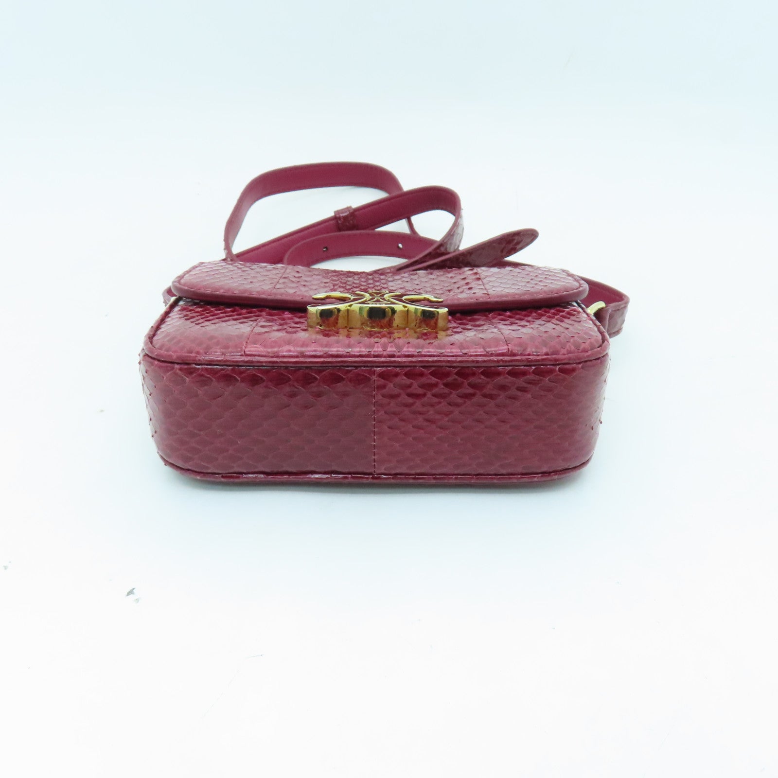 CELINE Snakeskin Leather Triomphe Nano Shoulder Bag Fuchsia with Gold Buckle