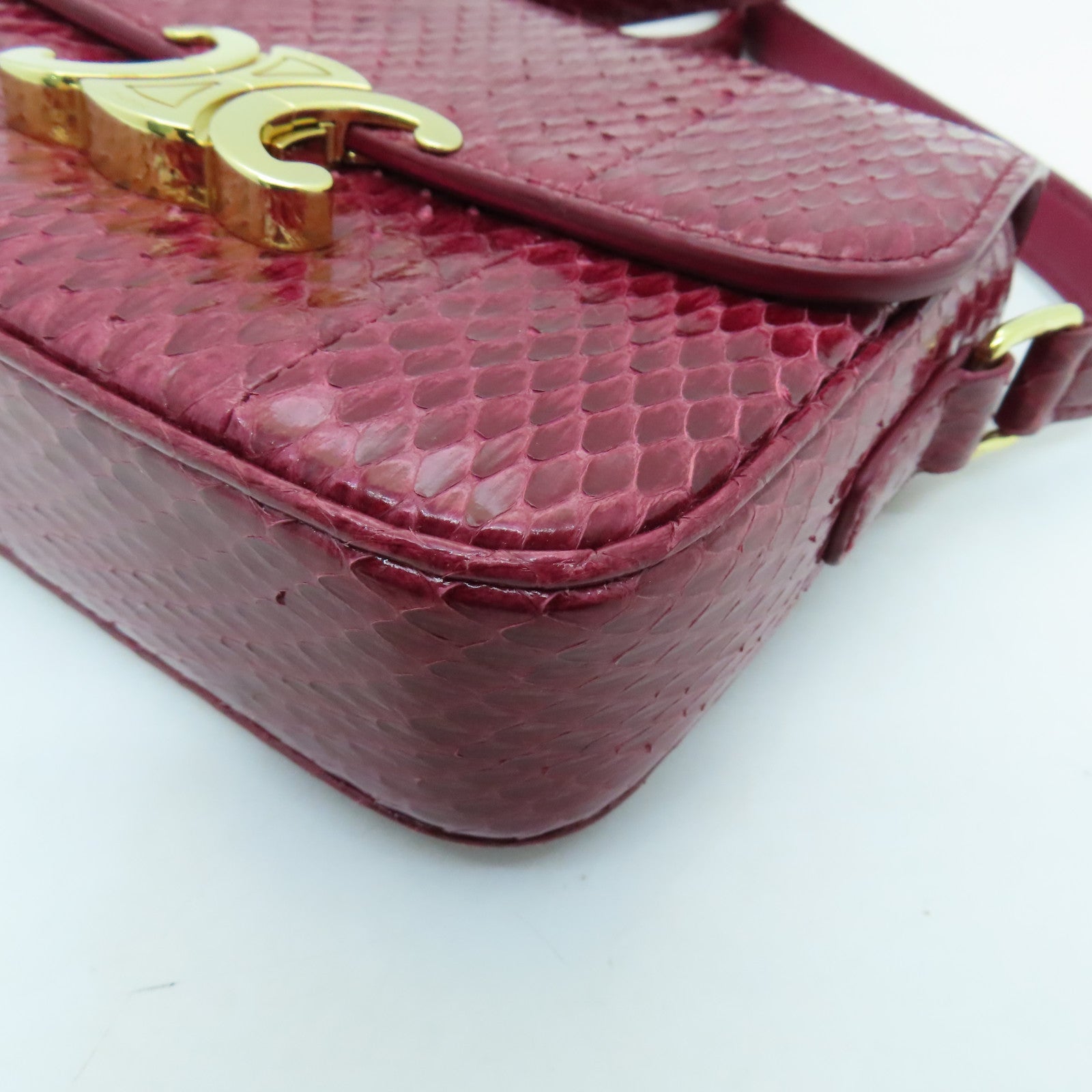 CELINE Snakeskin Leather Triomphe Nano Shoulder Bag Fuchsia with Gold Buckle
