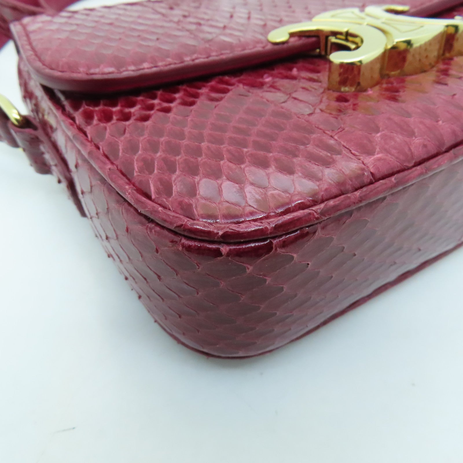 CELINE Snakeskin Leather Triomphe Nano Shoulder Bag Fuchsia with Gold Buckle