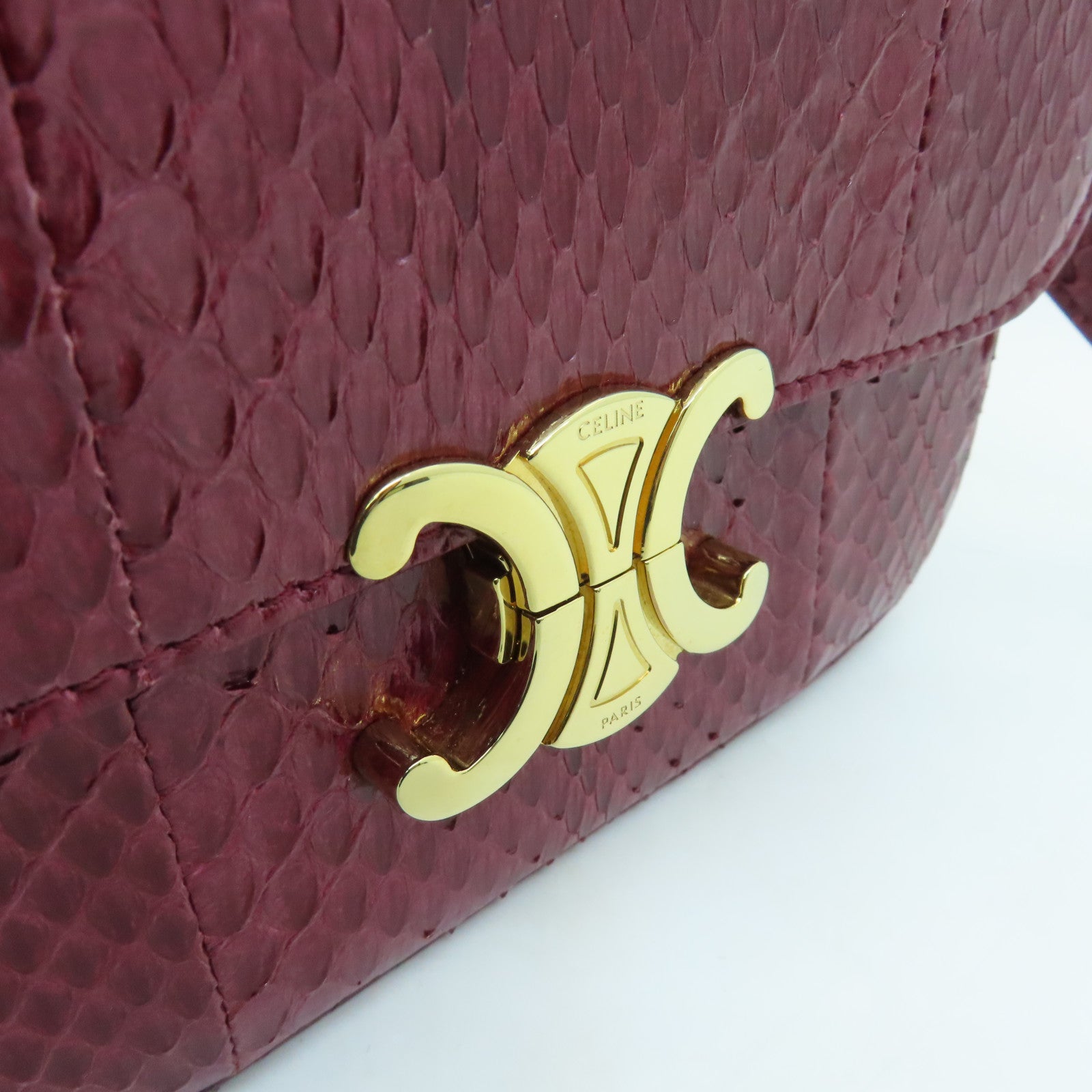 CELINE Snakeskin Leather Triomphe Nano Shoulder Bag Fuchsia with Gold Buckle