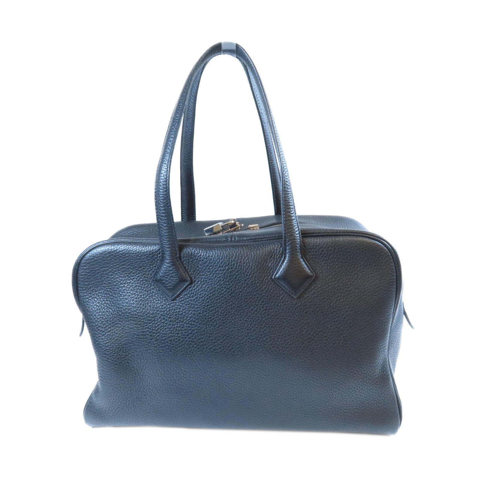 HERMES Clemence皮革Victoria銀扣手挽袋黑色