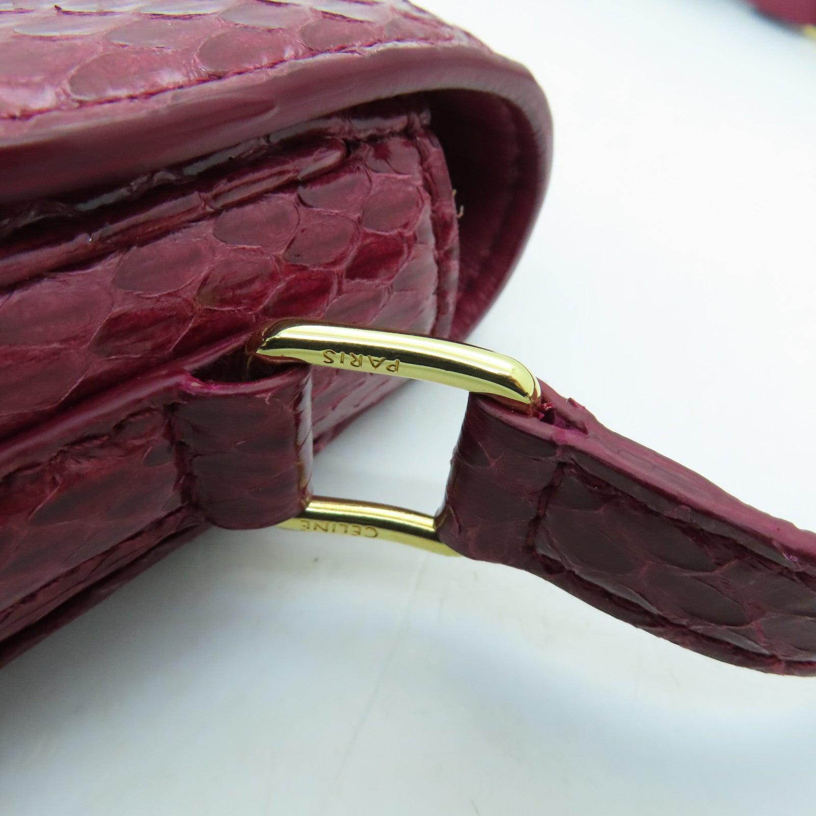 CELINE Snakeskin Leather Triomphe Nano Shoulder Bag Fuchsia with Gold Buckle
