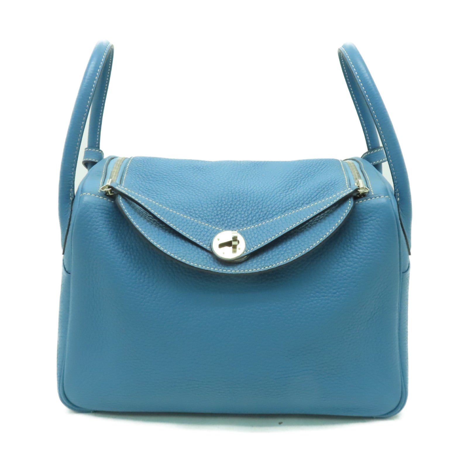 HERMES 【激減優惠】Clemence皮革Lindy 30銀扣手挽肩背兩用袋Blue Jean淺藍色