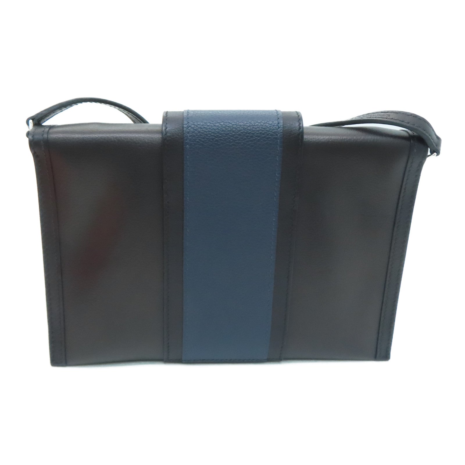 HERMES Evergrain/Evercolor皮革Pochette H Passant銀扣肩背袋藍色/黑色