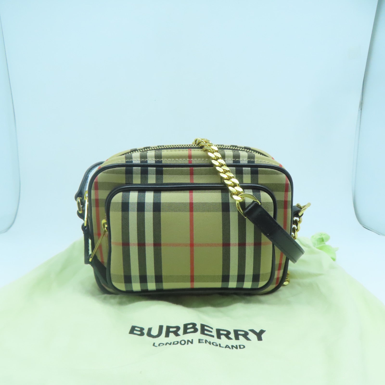 BURBERRY 帆布Chain Shoulder金扣鏈帶肩背袋啡色