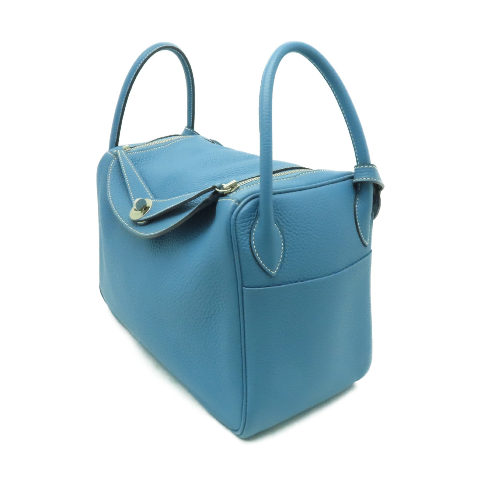 HERMES 【激減優惠】Clemence皮革Lindy 30銀扣手挽肩背兩用袋Blue Jean淺藍色