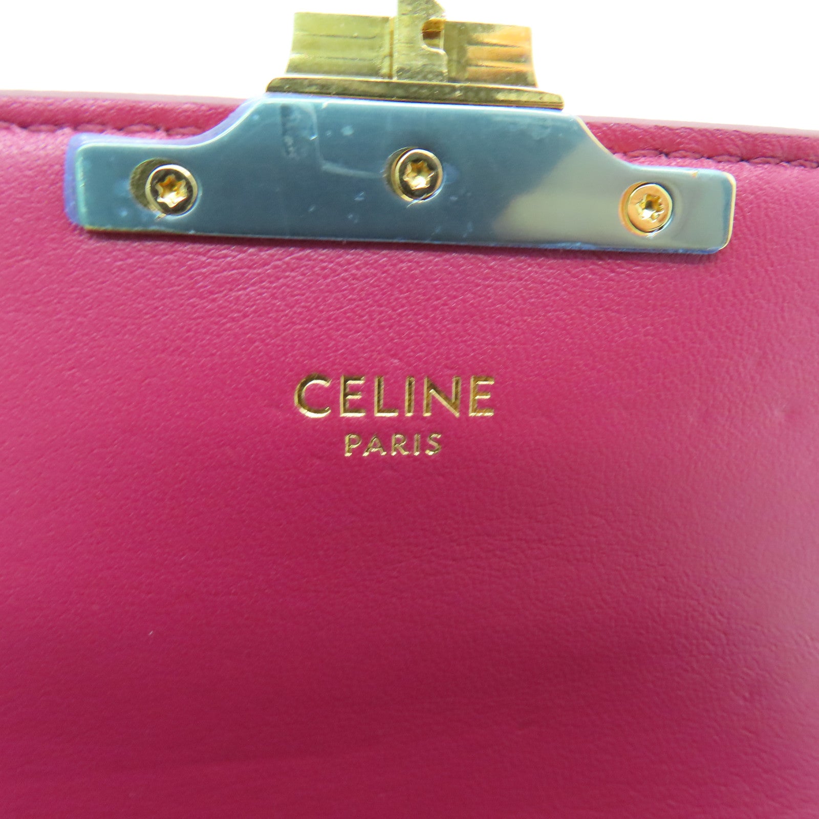 CELINE Snakeskin Leather Triomphe Nano Shoulder Bag Fuchsia with Gold Buckle
