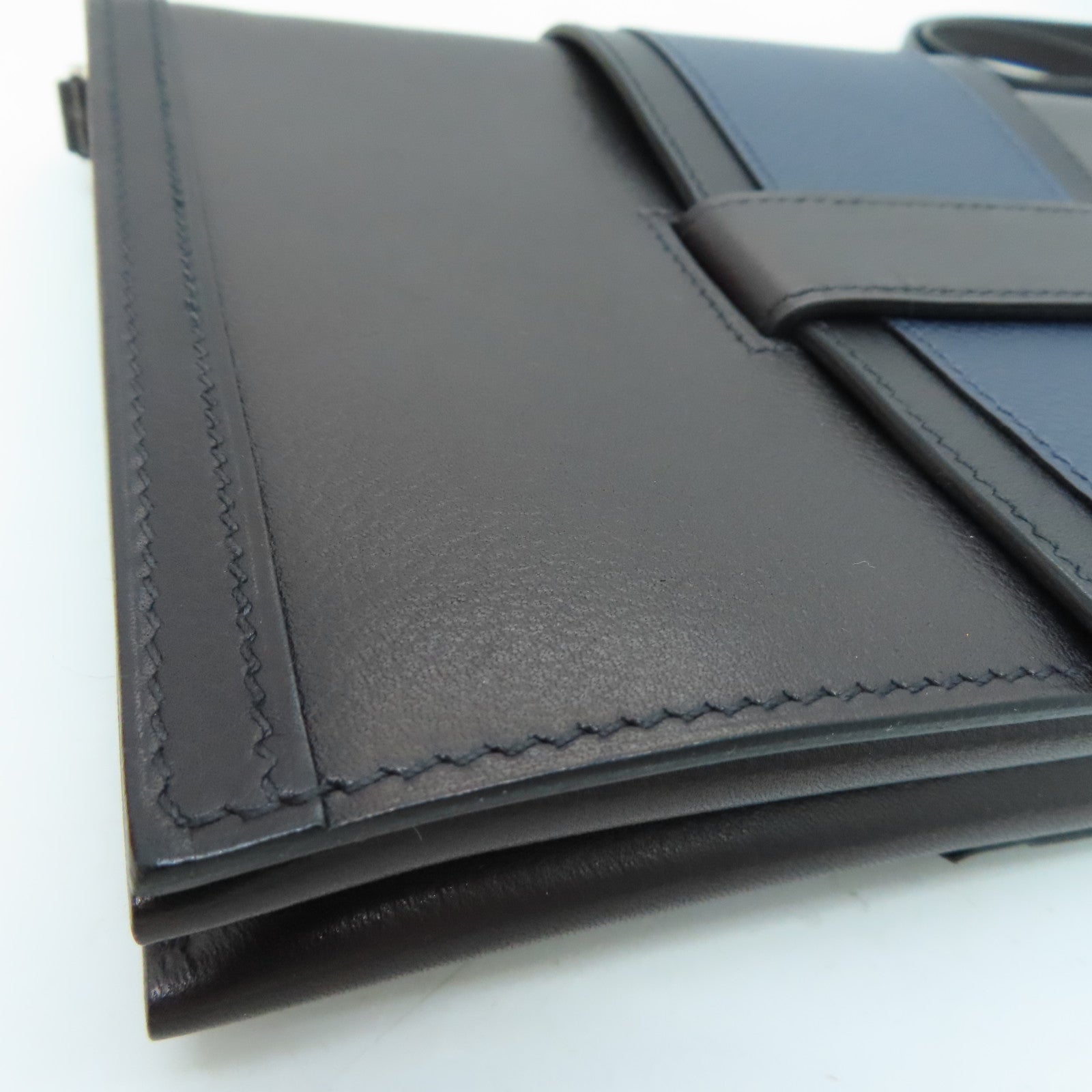 HERMES Evergrain/Evercolor皮革Pochette H Passant銀扣肩背袋藍色/黑色