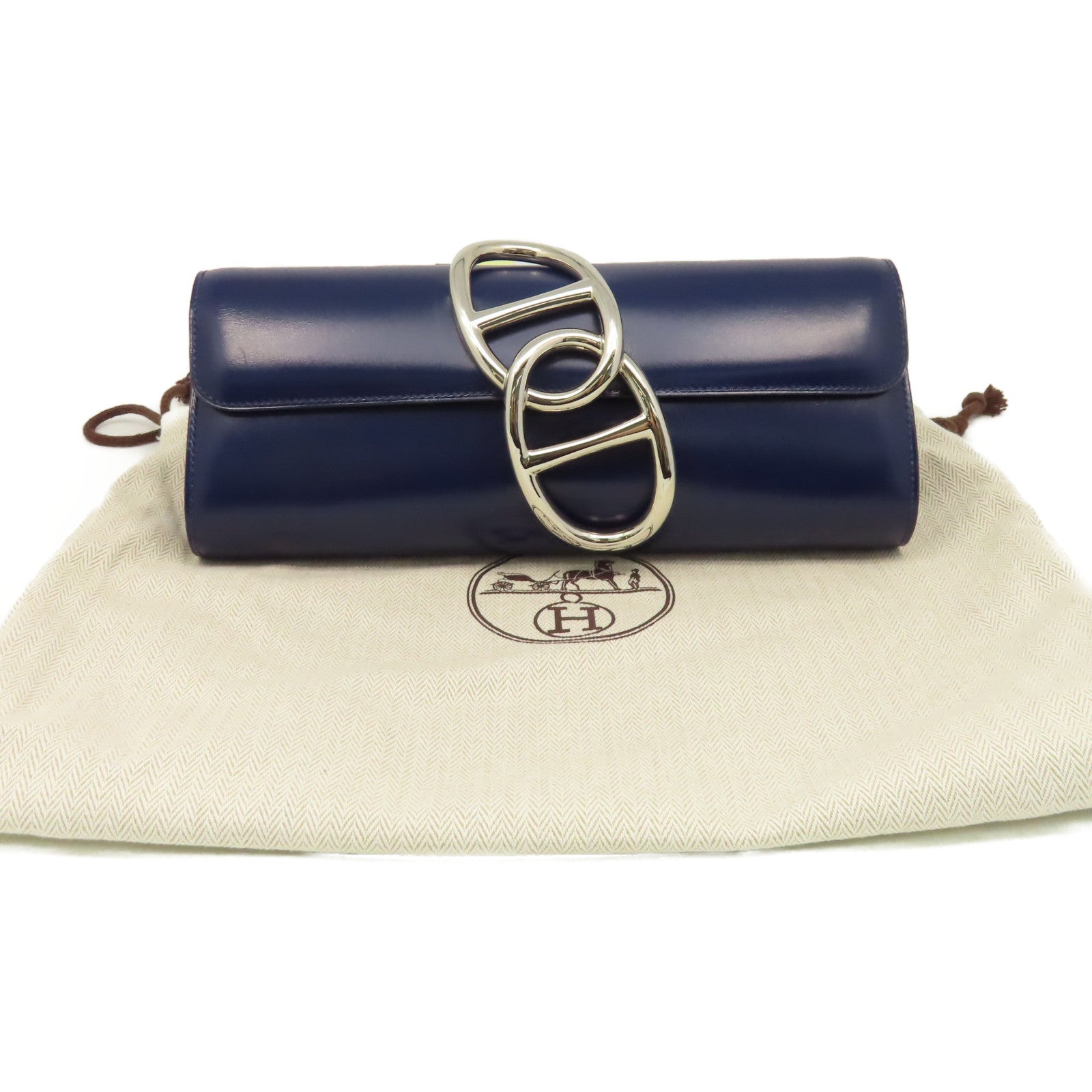 HERMES BoxCalfskin皮革Egee Clutch銀扣手拿包Navy深藍色