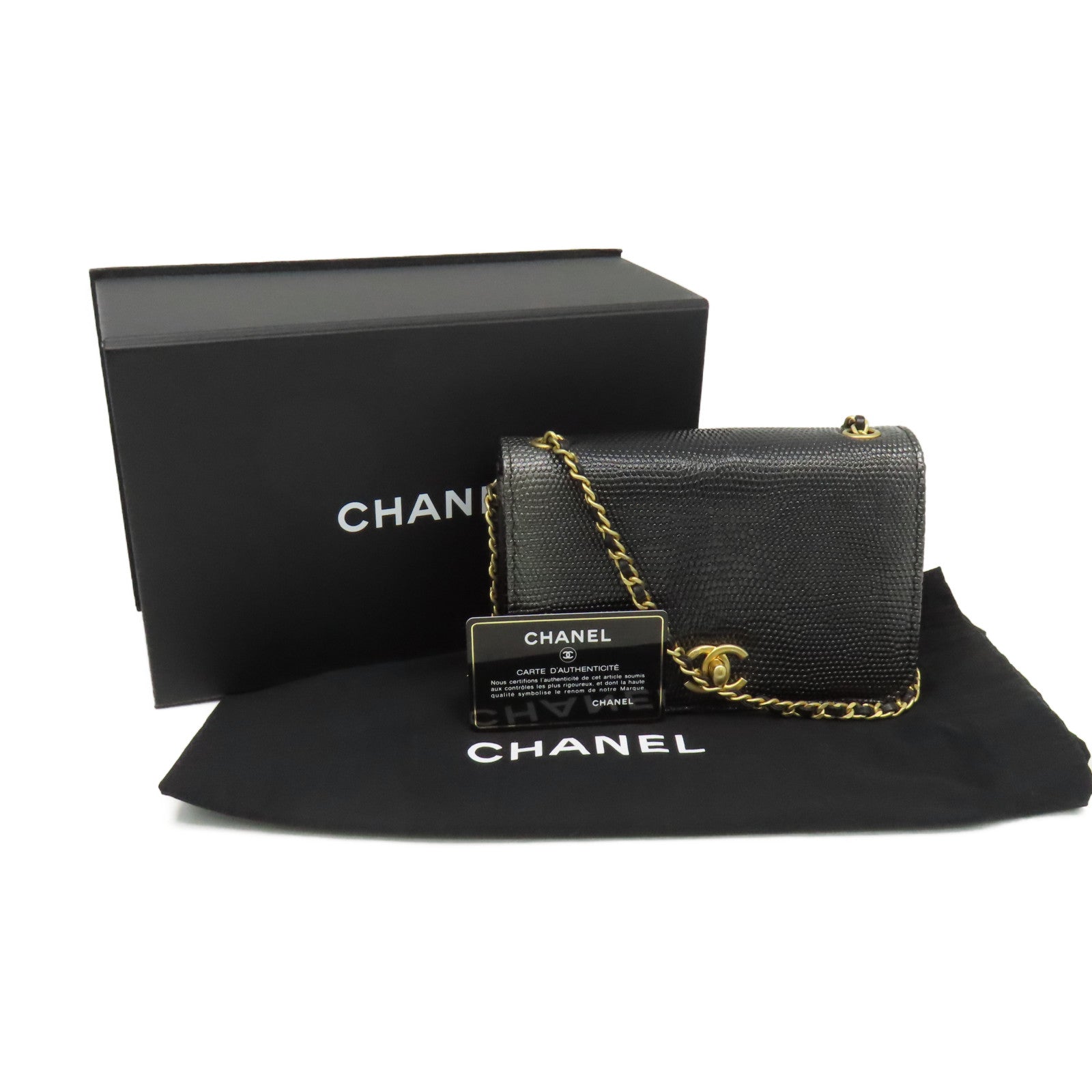 CHANEL 蜥蝪皮革Chain Shoulder Bag金扣鏈帶肩背袋銀黑色