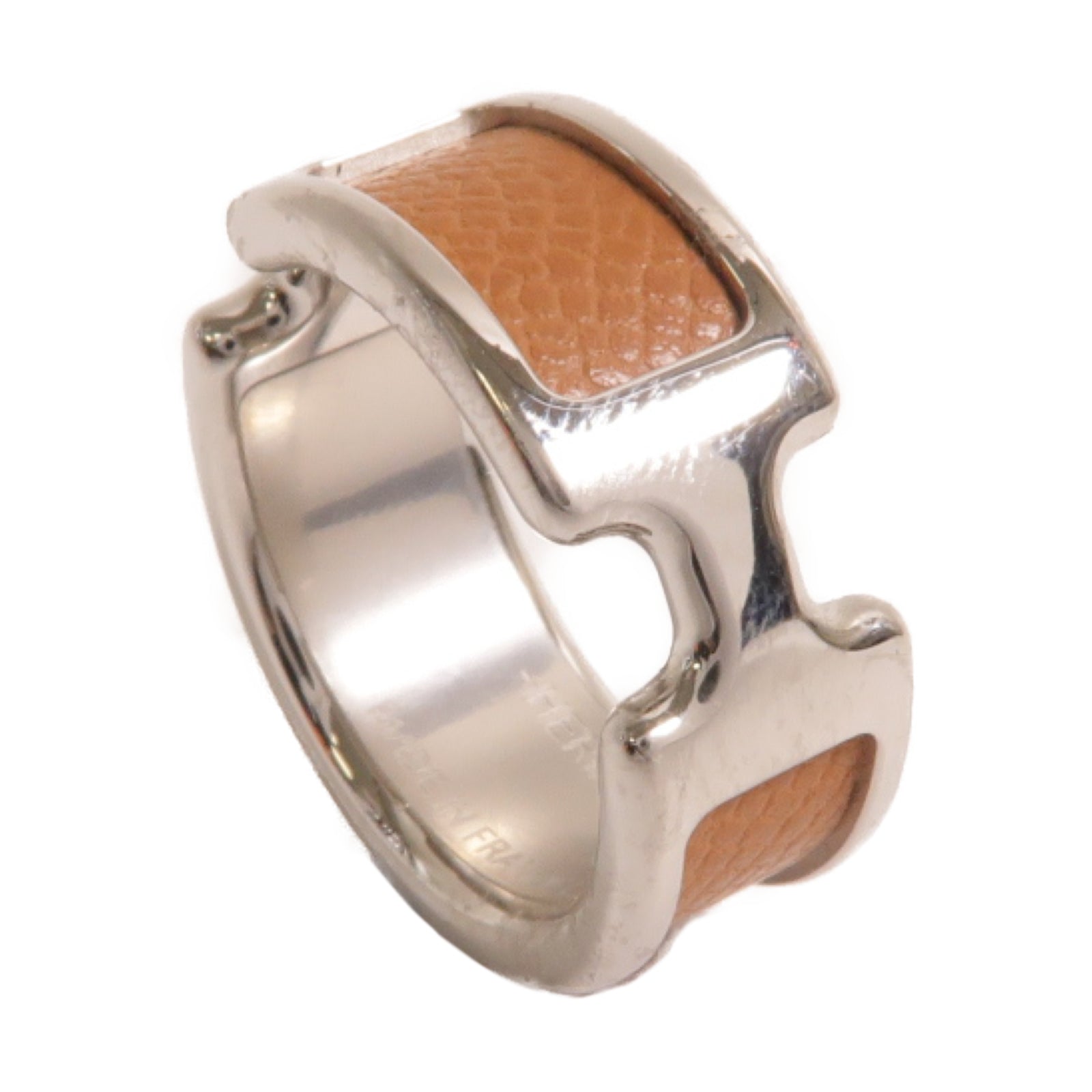 HERMES Madame皮革/金屬Olympe Ring戒指銀色/Gold經典駝色US#7.25