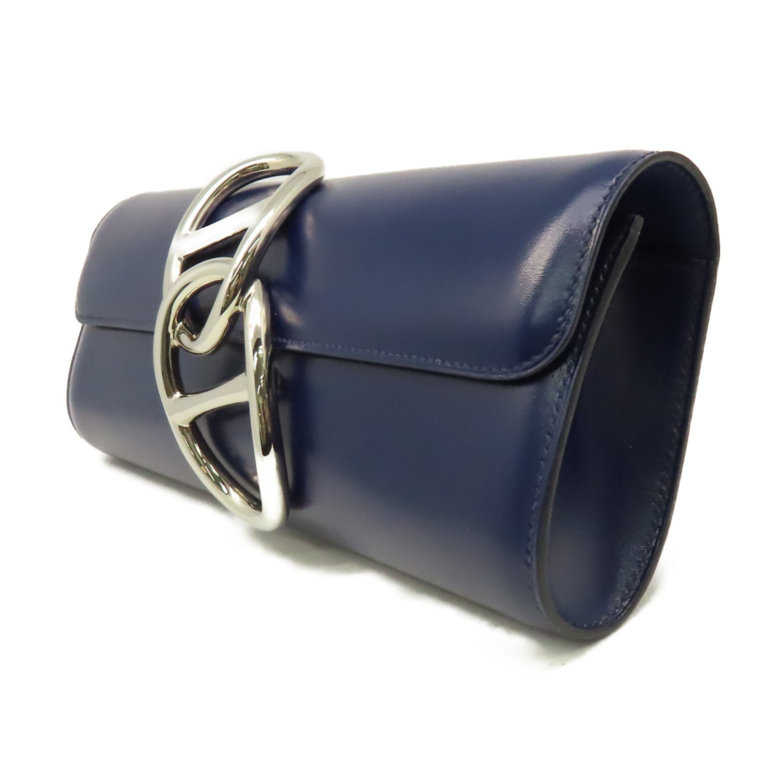 HERMES BoxCalfskin皮革Egee Clutch銀扣手拿包Navy深藍色