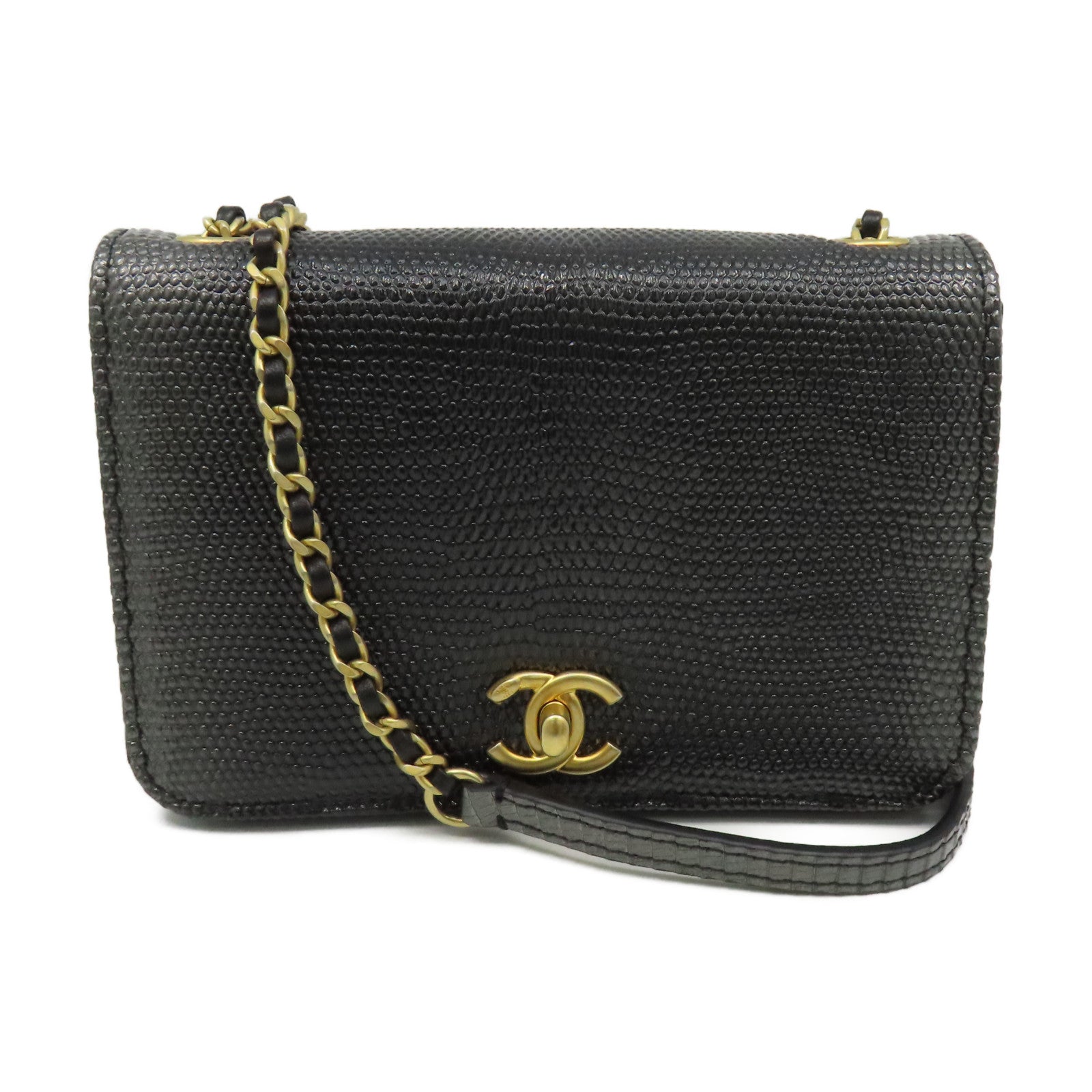 CHANEL 蜥蝪皮革Chain Shoulder Bag金扣鏈帶肩背袋銀黑色
