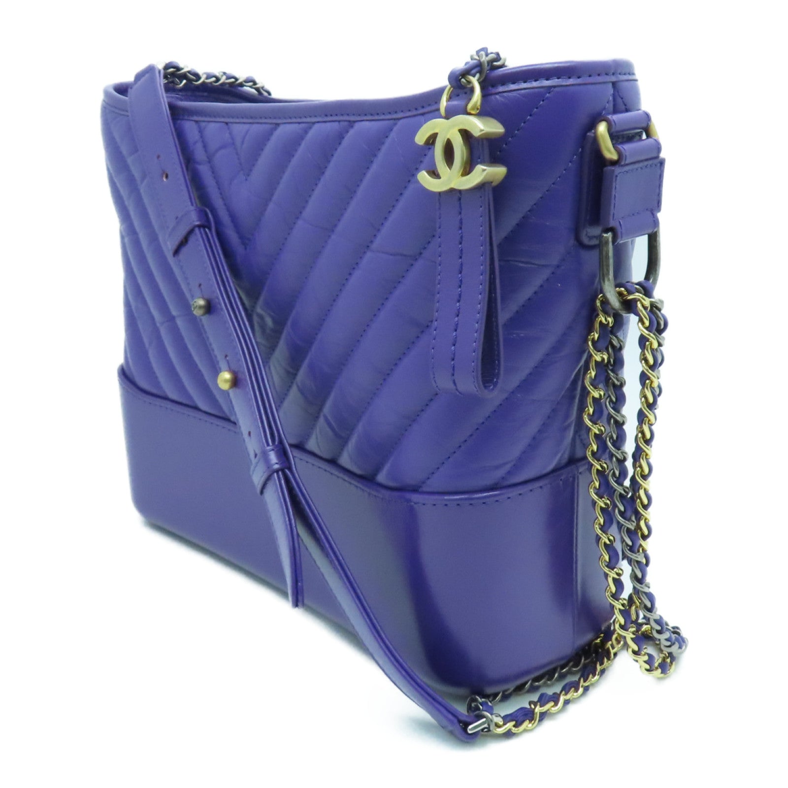 CHANEL 菱格牛皮皮革Gabrielle链带肩背袋紫色
