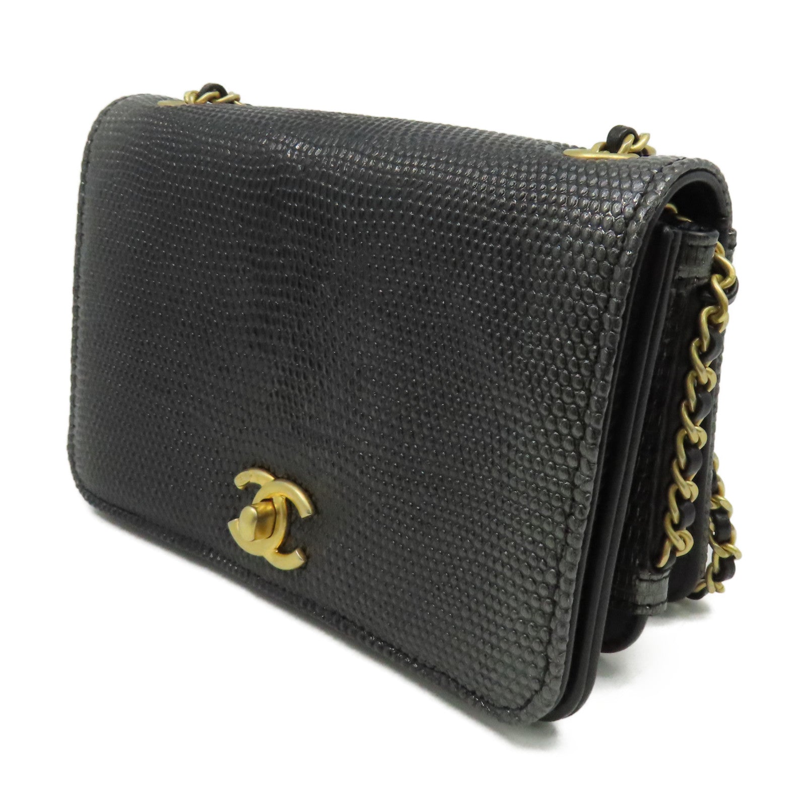 CHANEL 蜥蝪皮革Chain Shoulder Bag金扣鏈帶肩背袋銀黑色