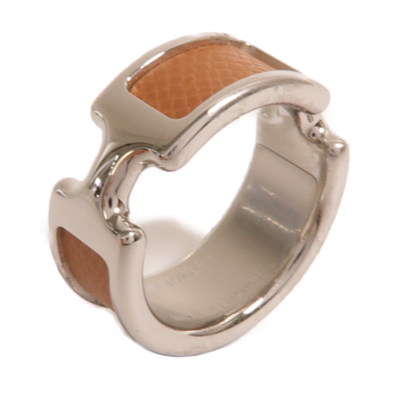 HERMES Madame皮革/金屬Olympe Ring戒指銀色/Gold經典駝色US#7.25