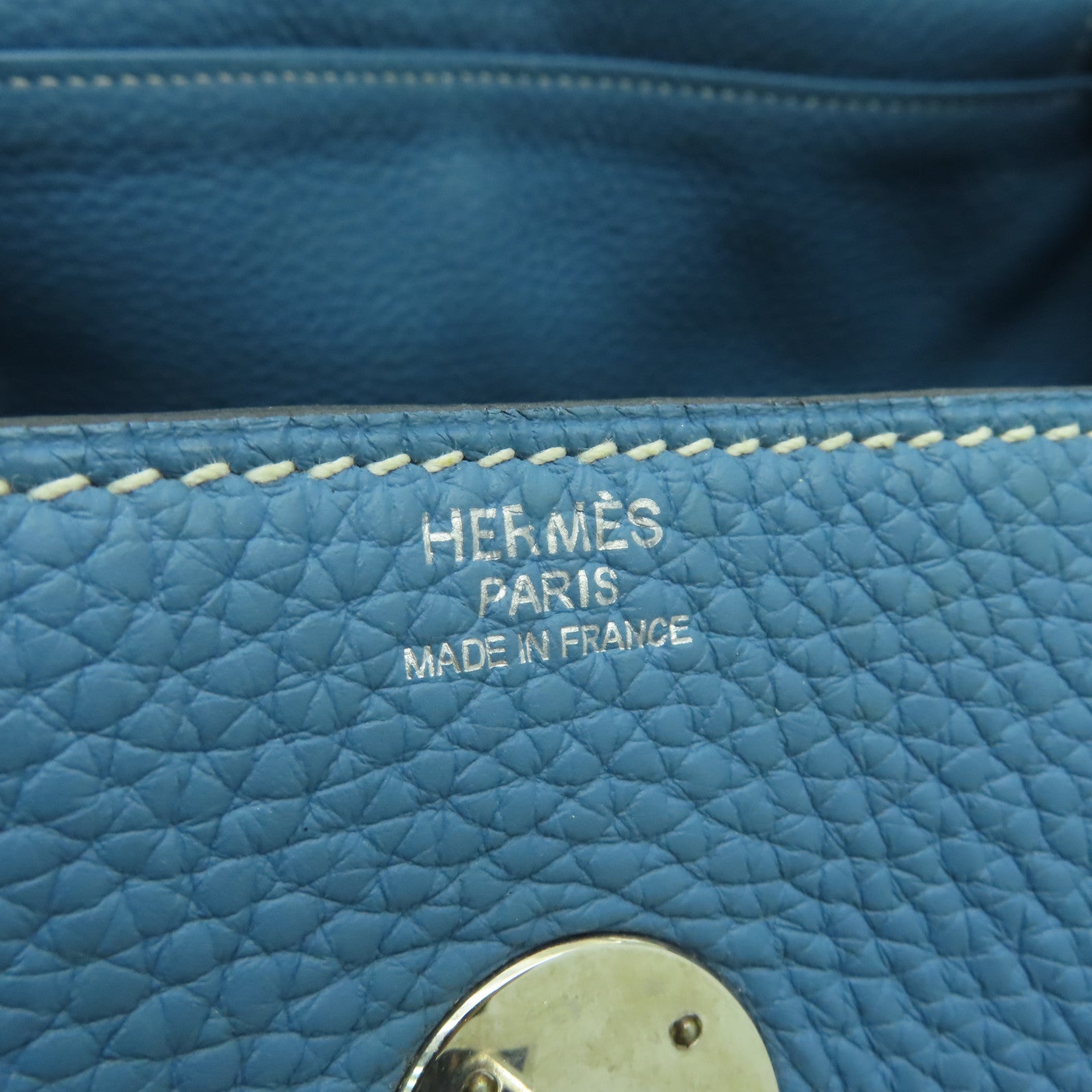 HERMES 【激減優惠】Clemence皮革Lindy 30銀扣手挽肩背兩用袋Blue Jean淺藍色