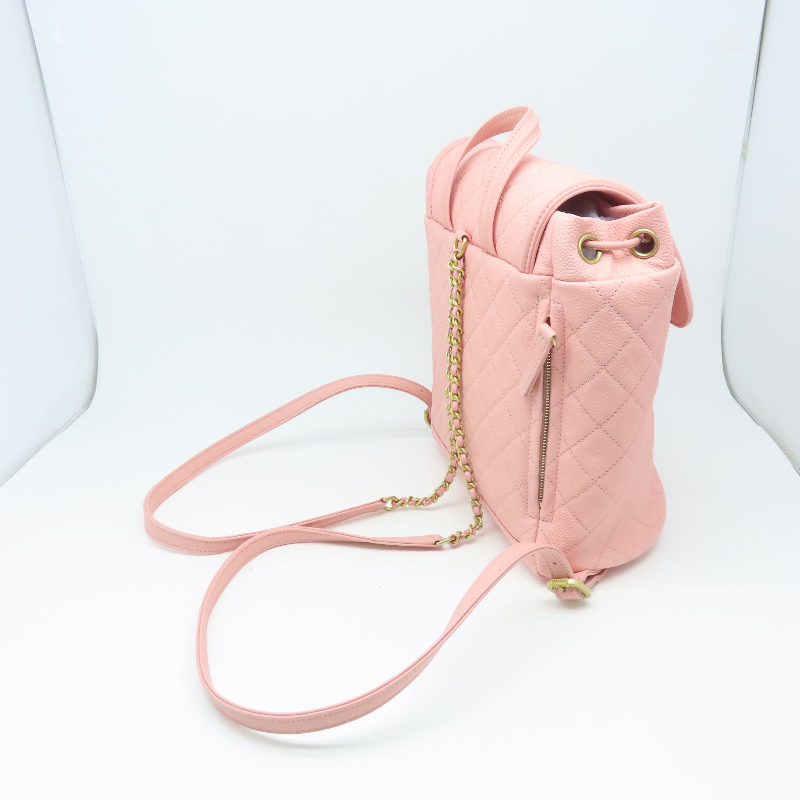 CHANEL 菱格牛皮皮革Backpack金扣背包粉紅色