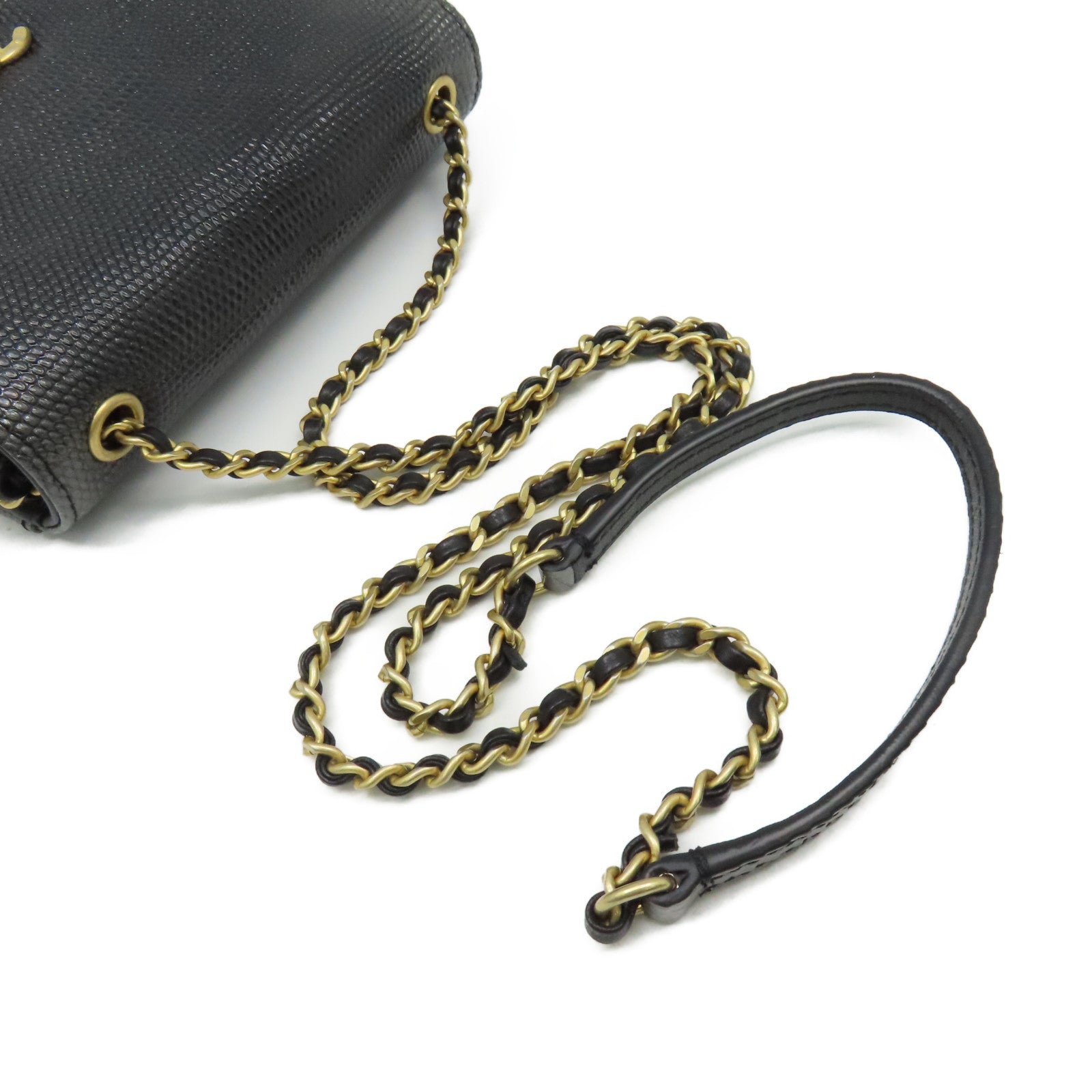CHANEL 蜥蝪皮革Chain Shoulder Bag金扣鏈帶肩背袋銀黑色