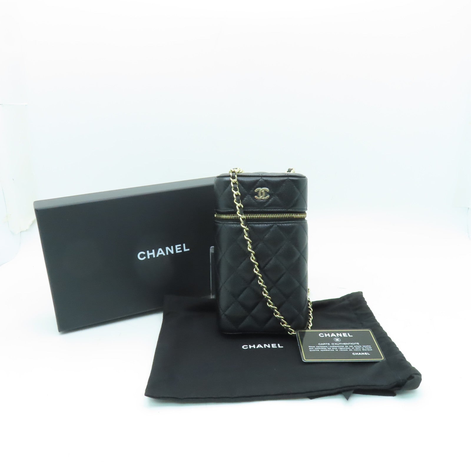 CHANEL 菱格Caviar皮革Chain Shoulder Bag金扣鏈帶肩背袋黒色
