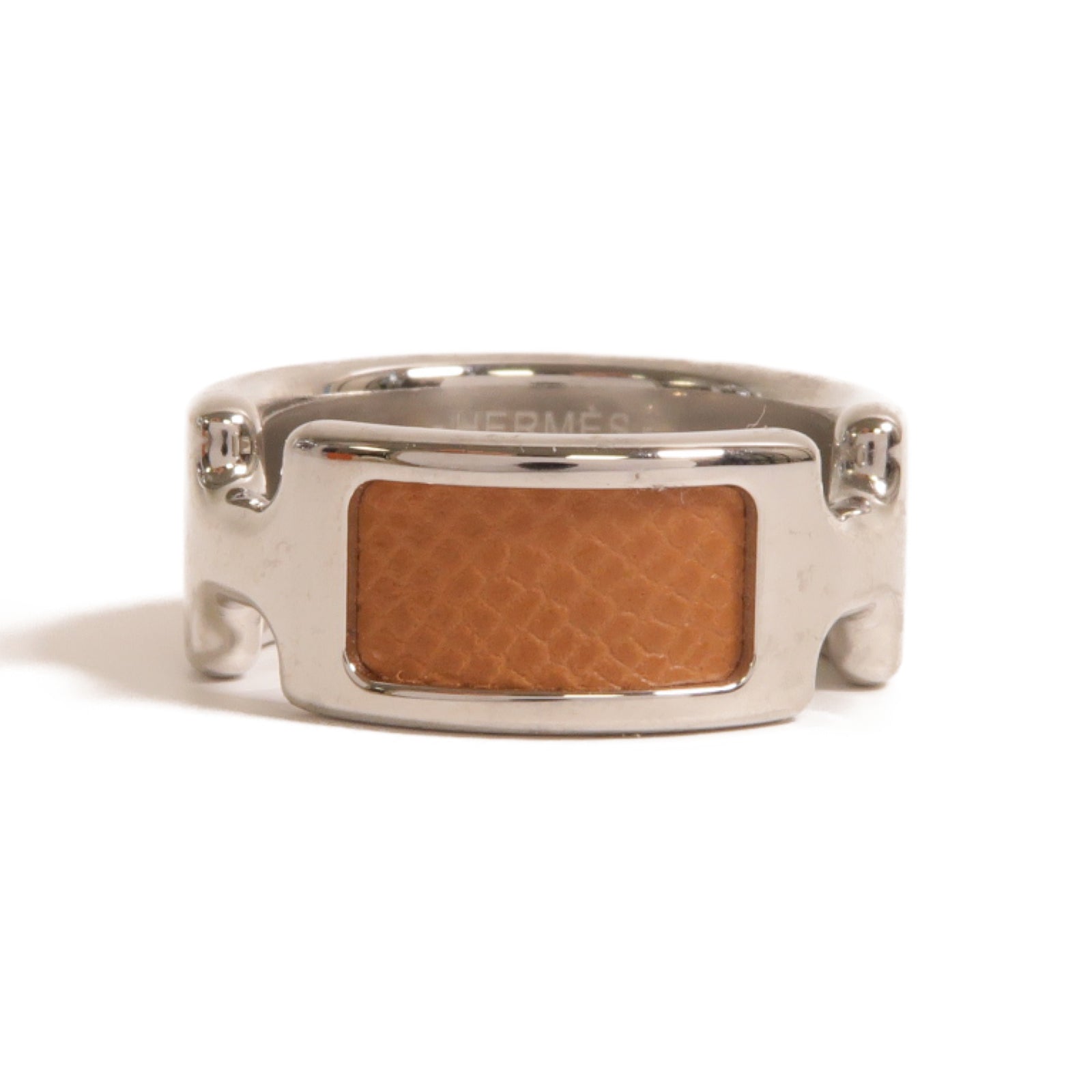 HERMES Madame皮革/金屬Olympe Ring戒指銀色/Gold經典駝色US#7.25