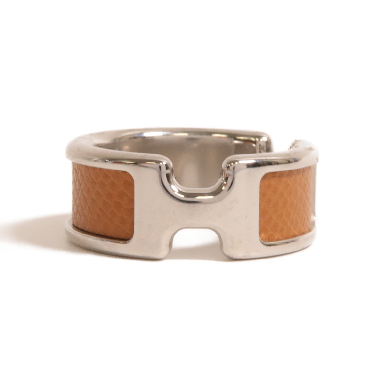HERMES Madame皮革/金屬Olympe Ring戒指銀色/Gold經典駝色US#7.25