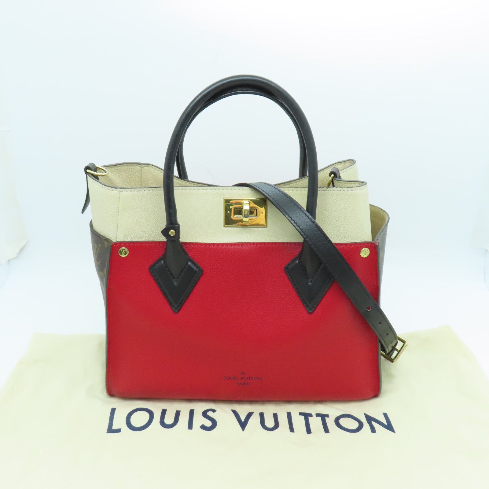 LOUIS VUITTON Monogram On My Side MM金扣肩背袋紅色/米色