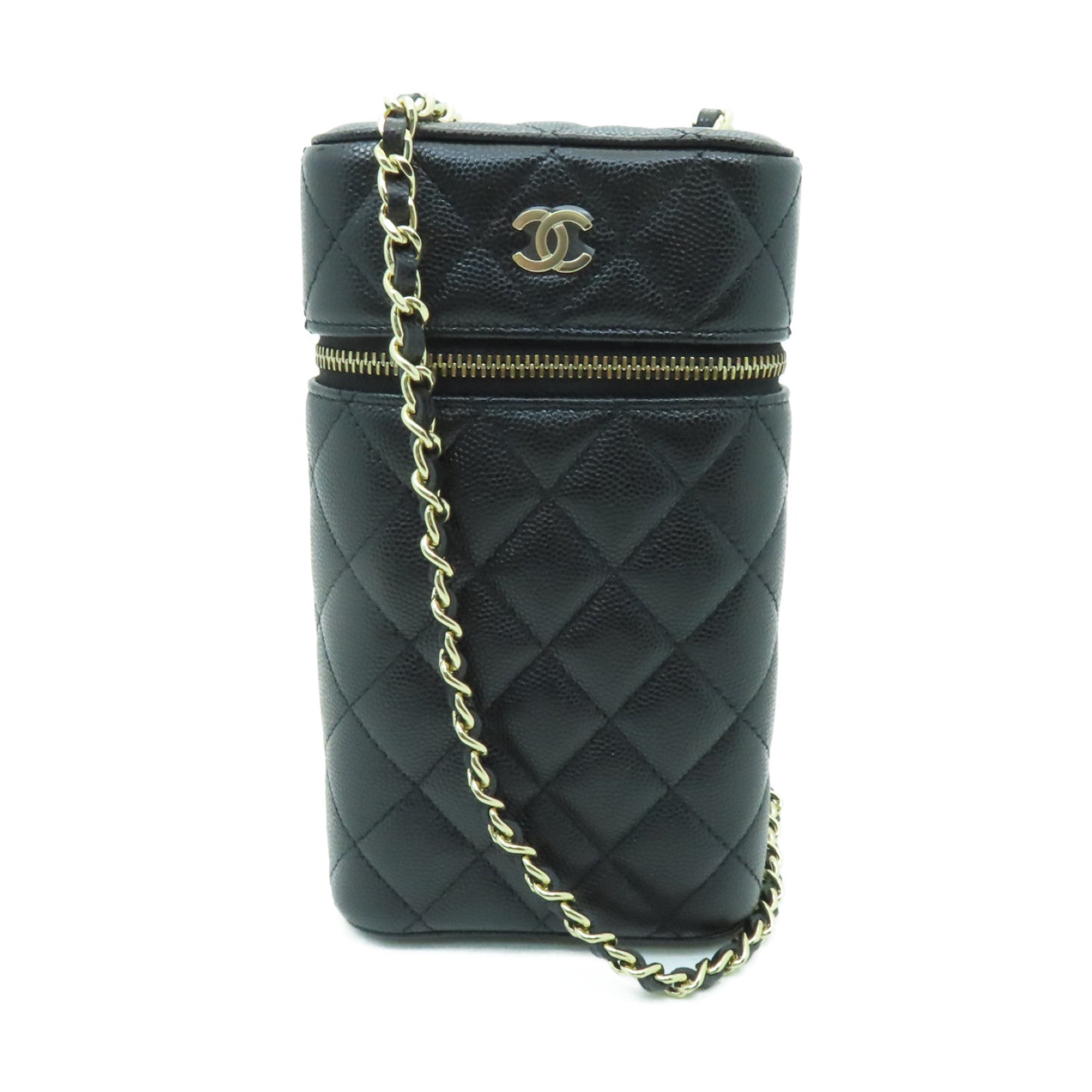 CHANEL 菱格Caviar皮革Chain Shoulder Bag金扣鏈帶肩背袋黒色