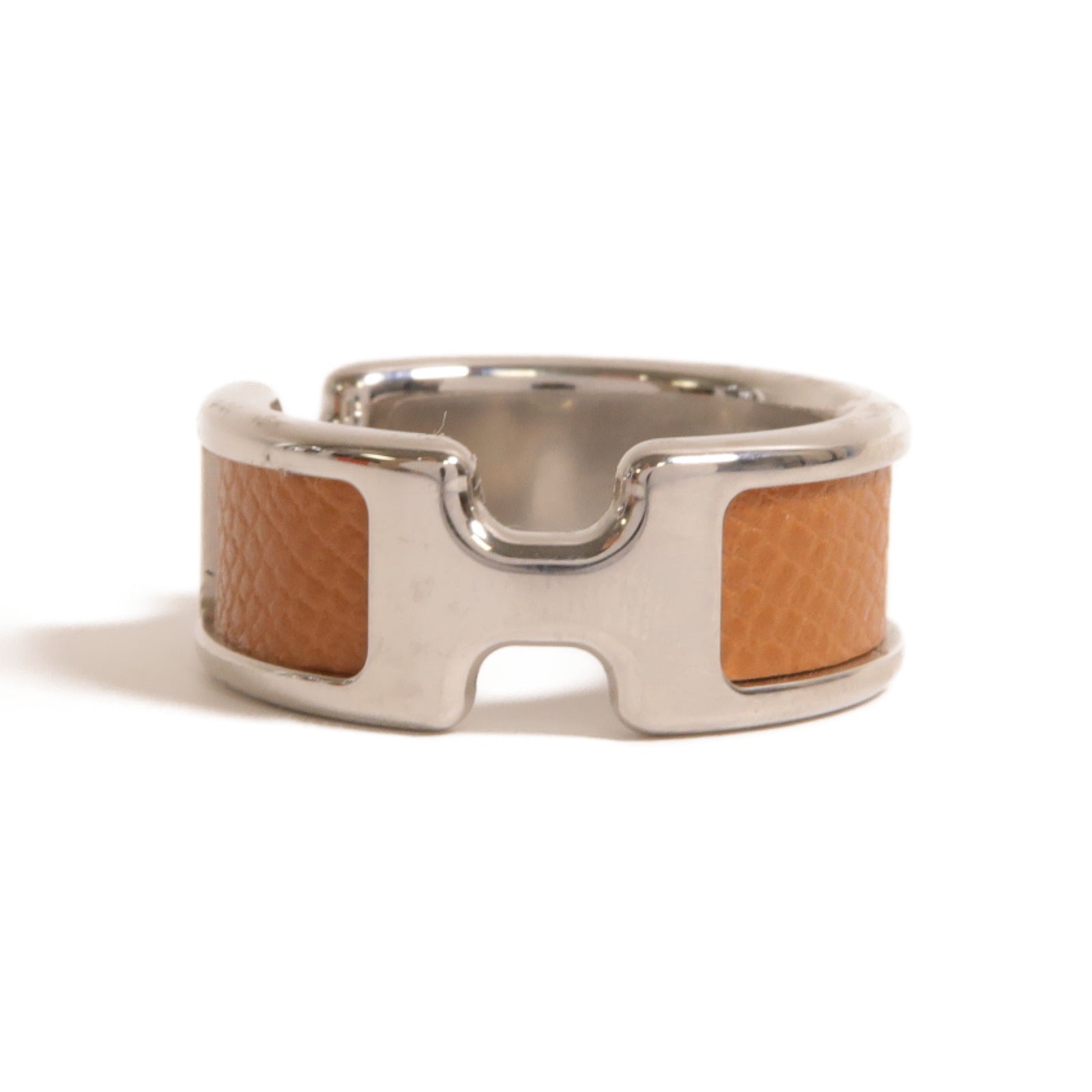 HERMES Madame皮革/金屬Olympe Ring戒指銀色/Gold經典駝色US#7.25