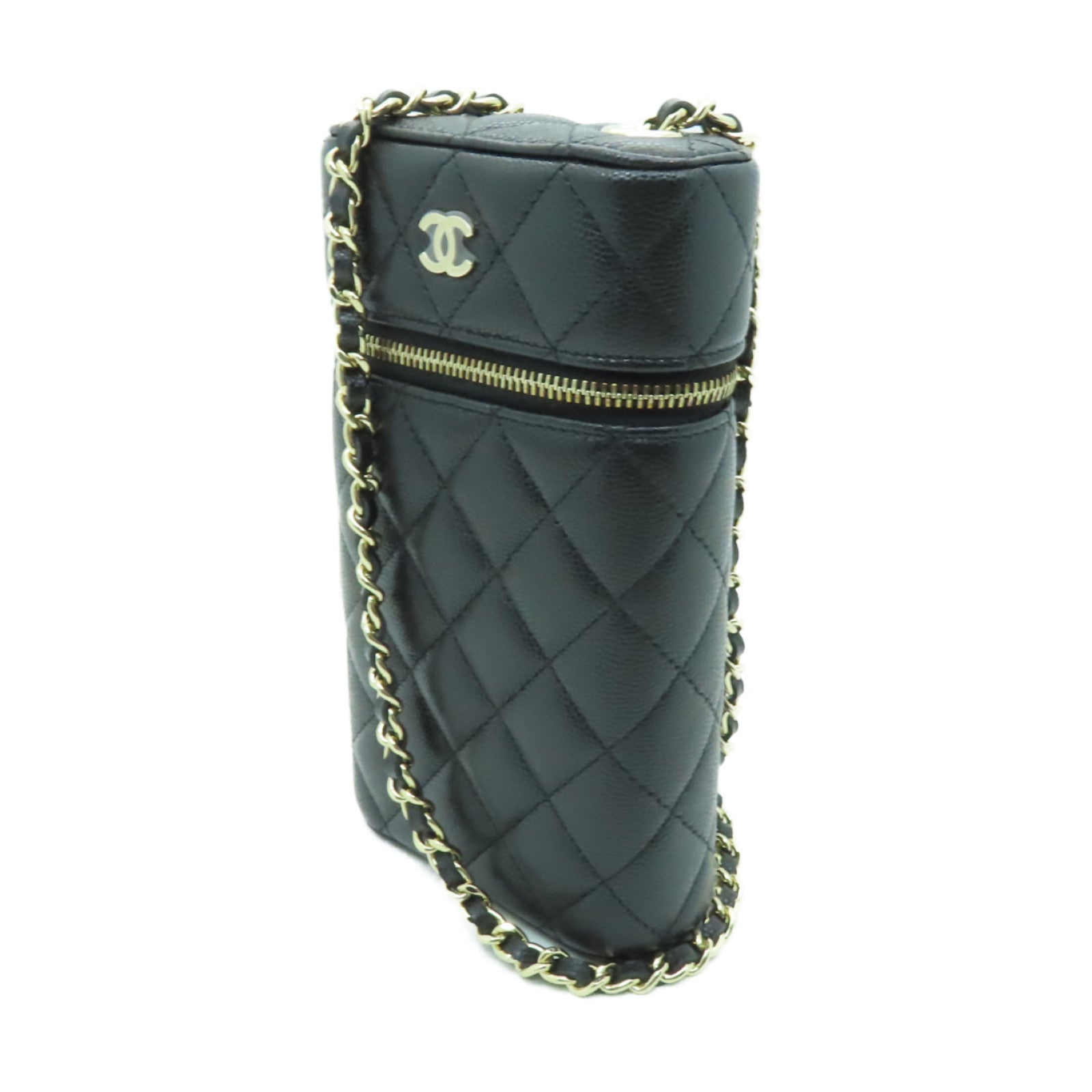 CHANEL 菱格Caviar皮革Chain Shoulder Bag金扣鏈帶肩背袋黒色
