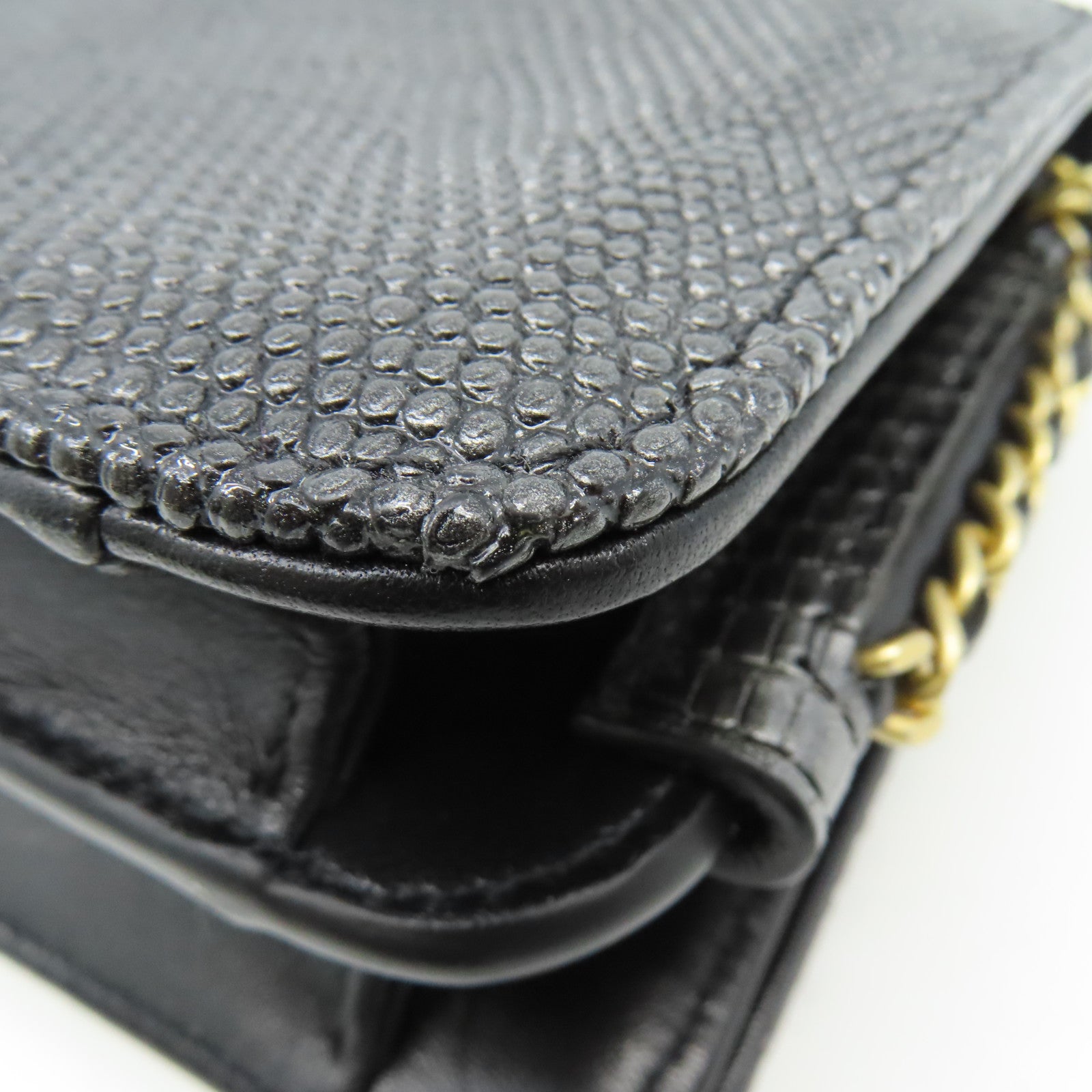 CHANEL 蜥蝪皮革Chain Shoulder Bag金扣鏈帶肩背袋銀黑色