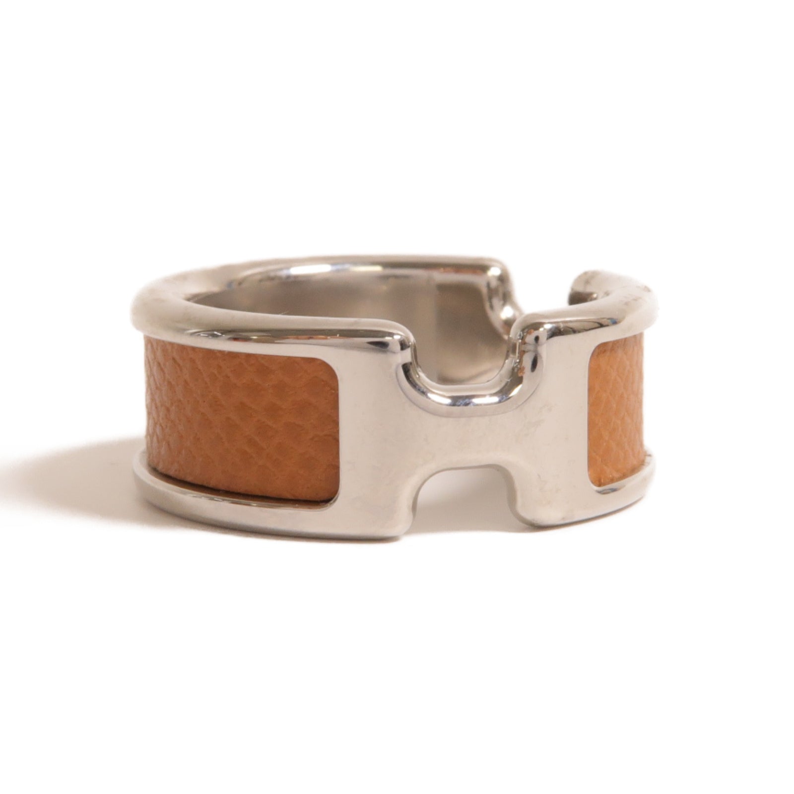 HERMES Madame皮革/金屬Olympe Ring戒指銀色/Gold經典駝色US#7.25
