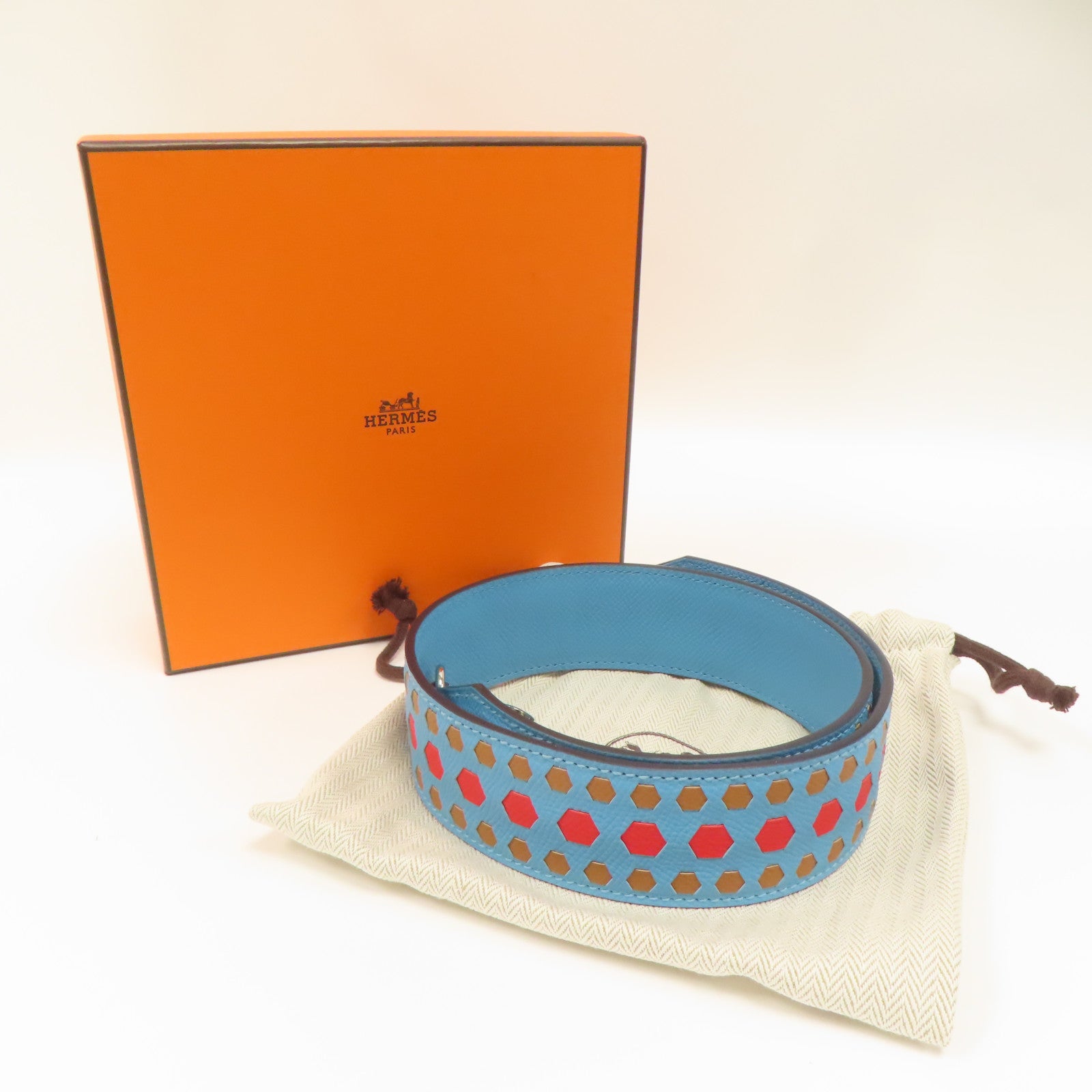 HERMES Veau Epsom皮革Strap銀扣肩帶北方藍色