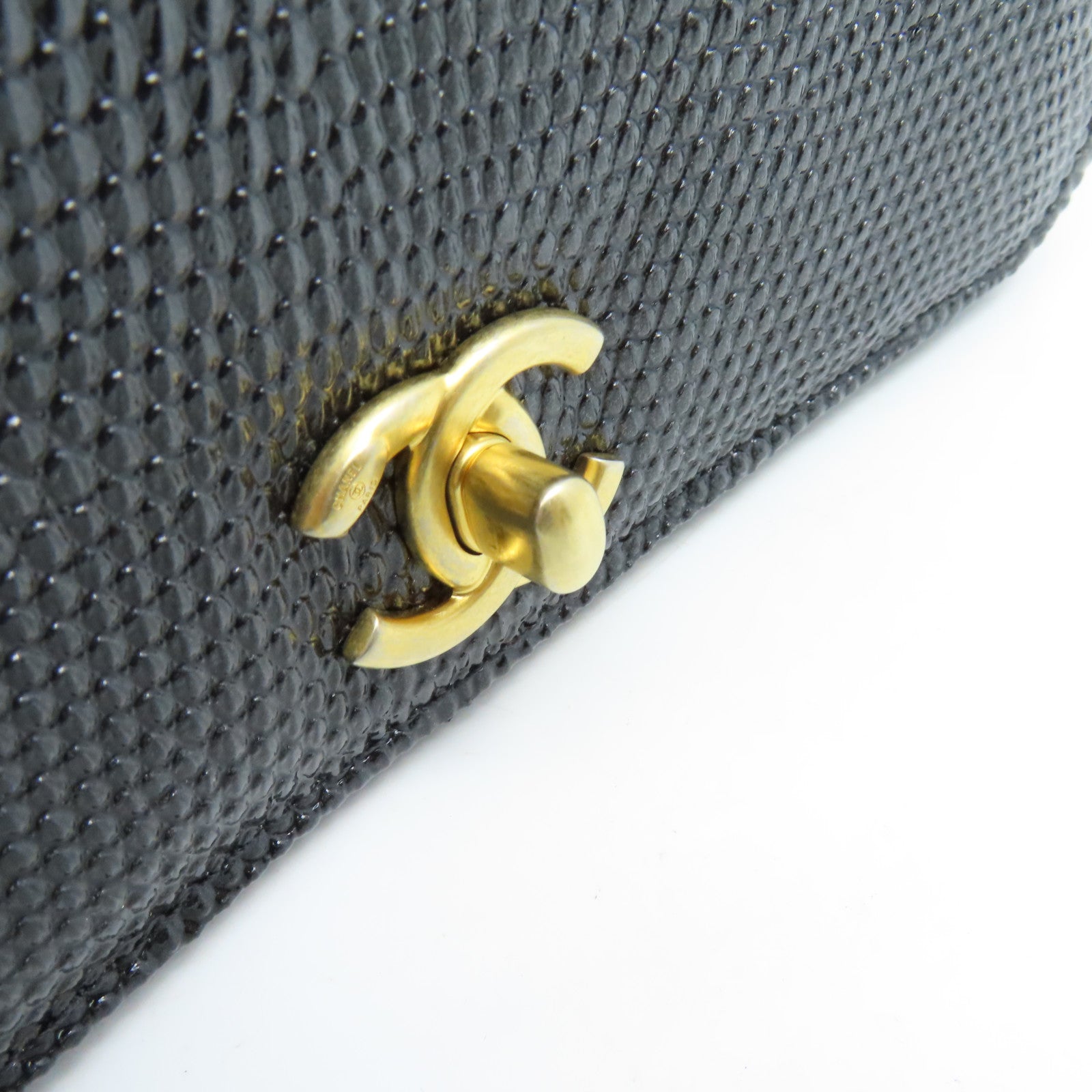 CHANEL 蜥蝪皮革Chain Shoulder Bag金扣鏈帶肩背袋銀黑色