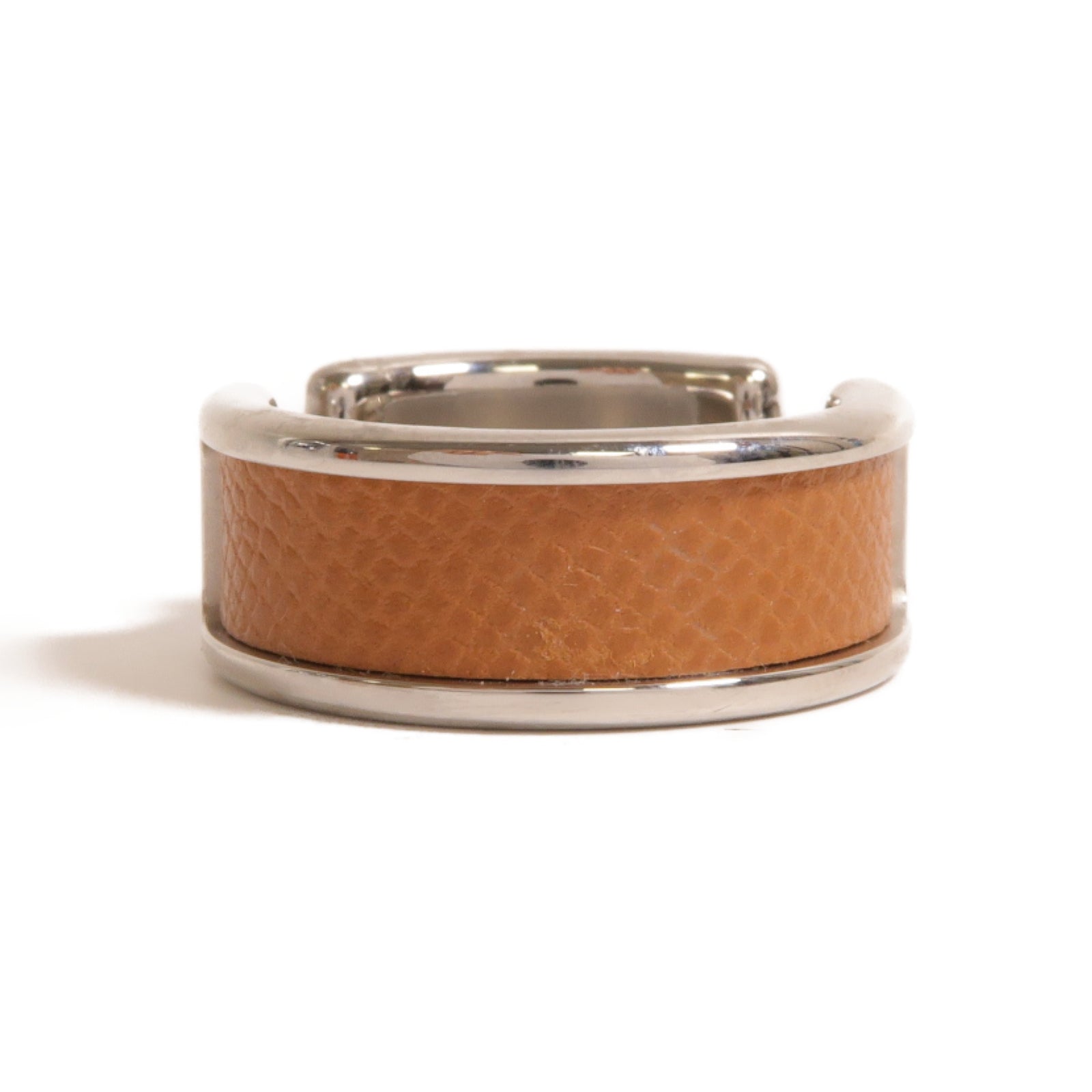 HERMES Madame皮革/金屬Olympe Ring戒指銀色/Gold經典駝色US#7.25