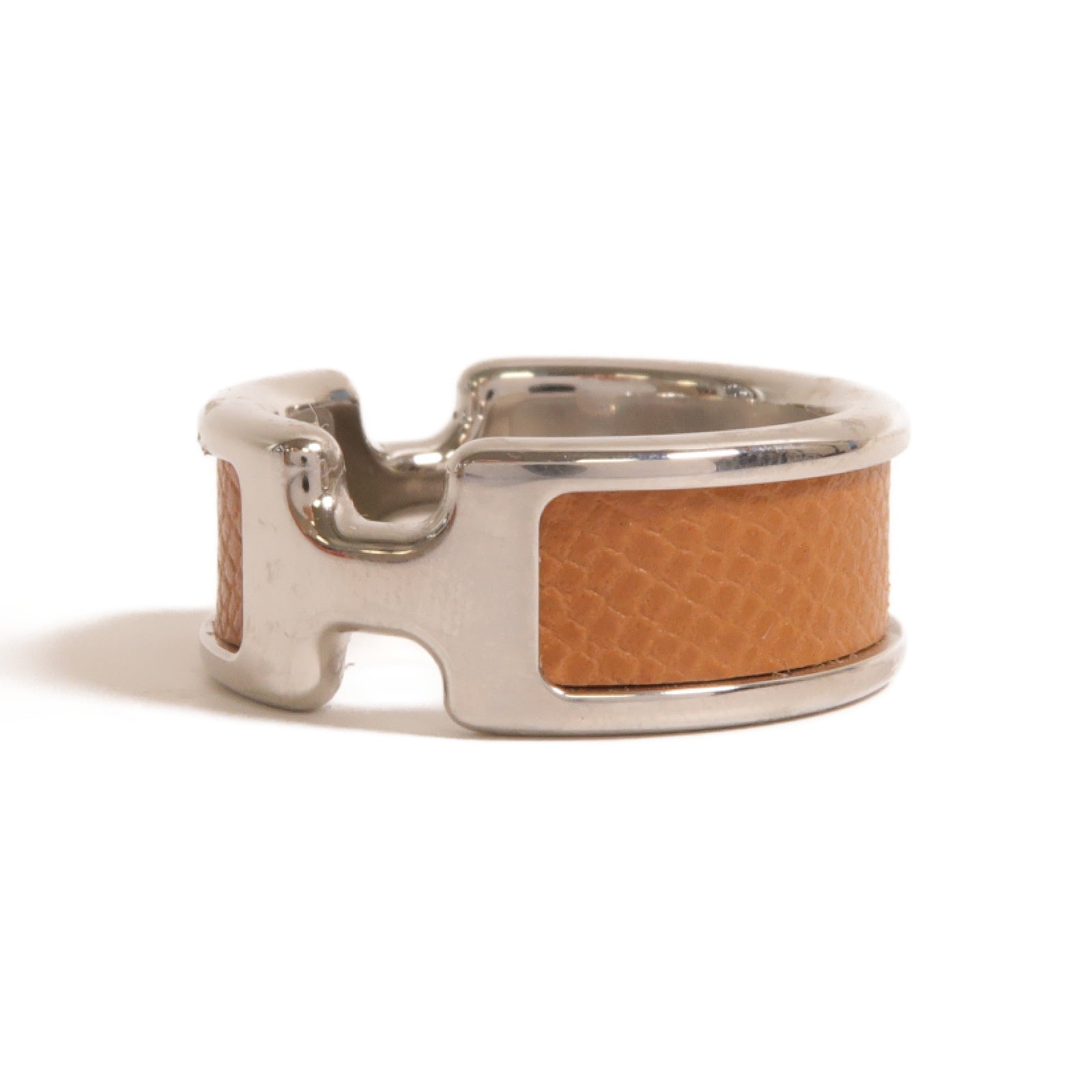 HERMES Madame皮革/金屬Olympe Ring戒指銀色/Gold經典駝色US#7.25