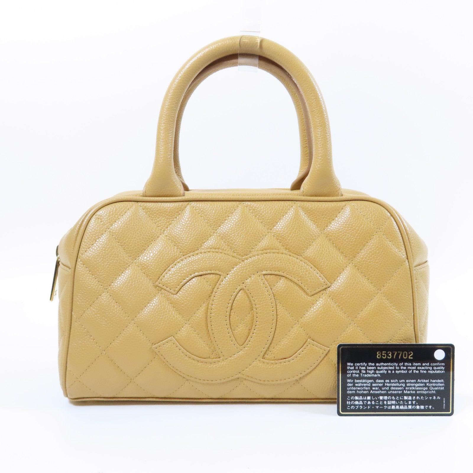 CHANEL 菱格Caviar皮革Vintage Bowling Bag金扣手挽袋米色