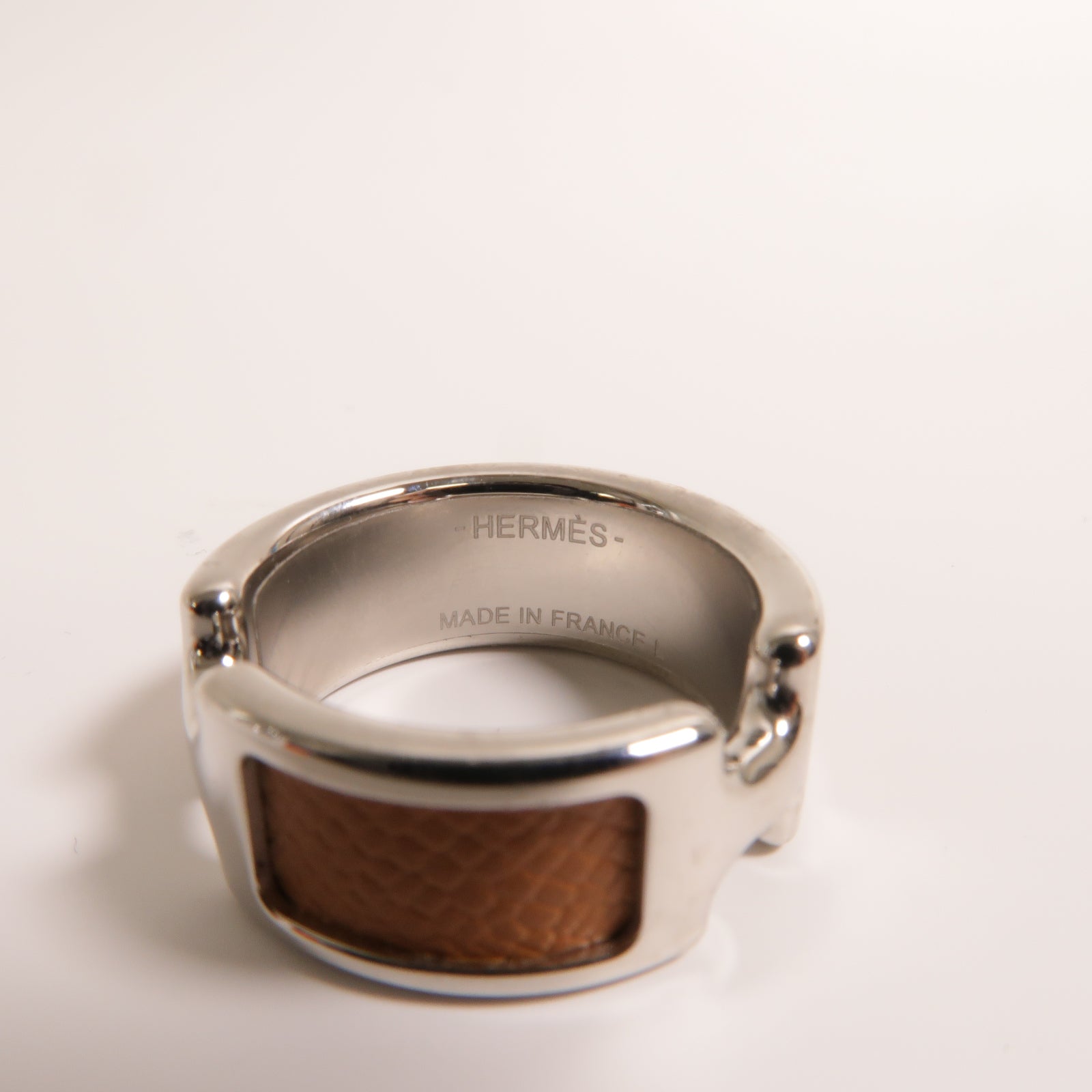 HERMES Madame皮革/金屬Olympe Ring戒指銀色/Gold經典駝色US#7.25