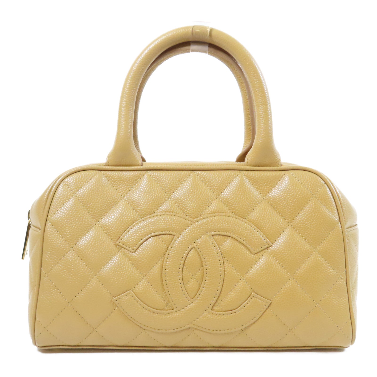 CHANEL 菱格Caviar皮革Vintage Bowling Bag金扣手挽袋米色