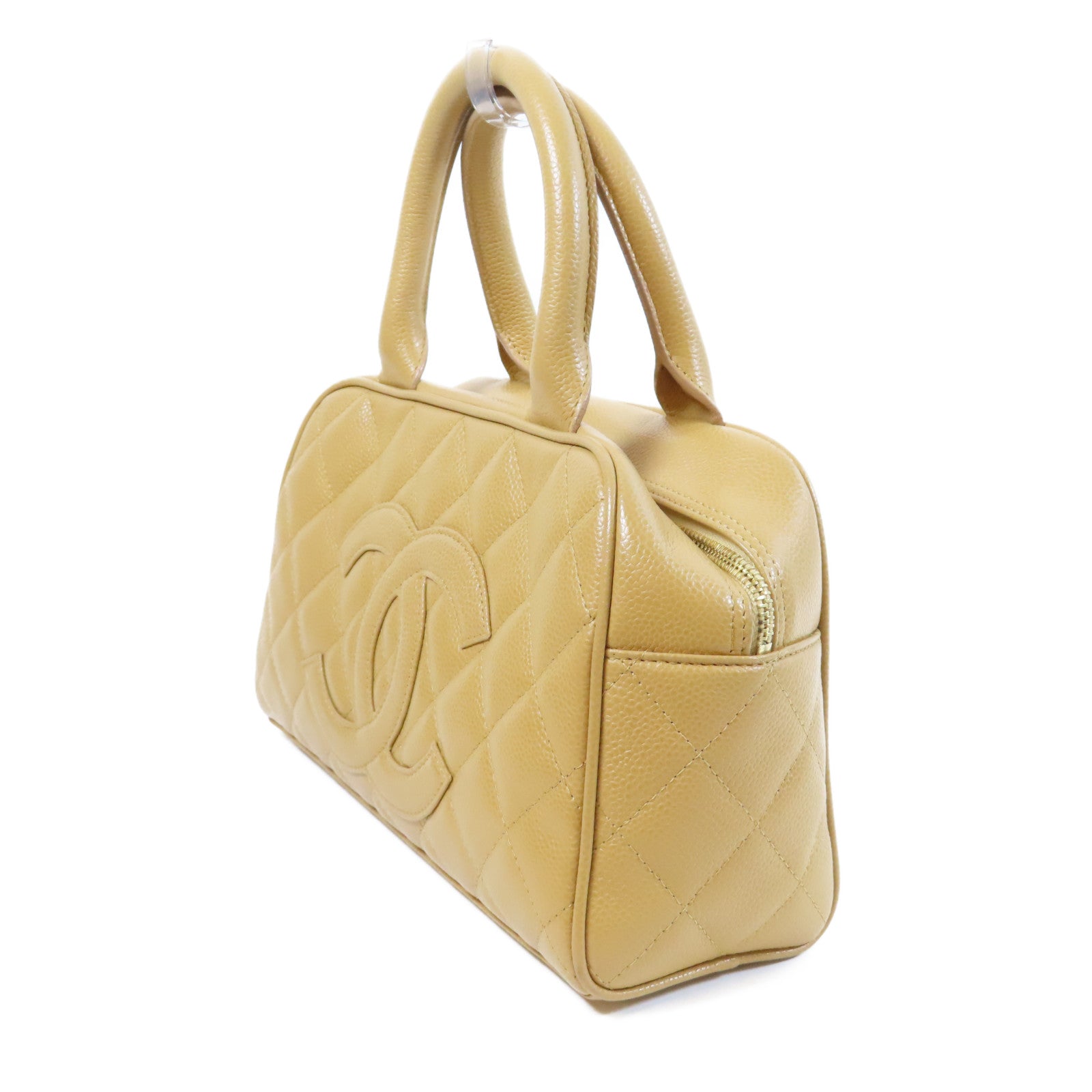 CHANEL 菱格Caviar皮革Vintage Bowling Bag金扣手挽袋米色