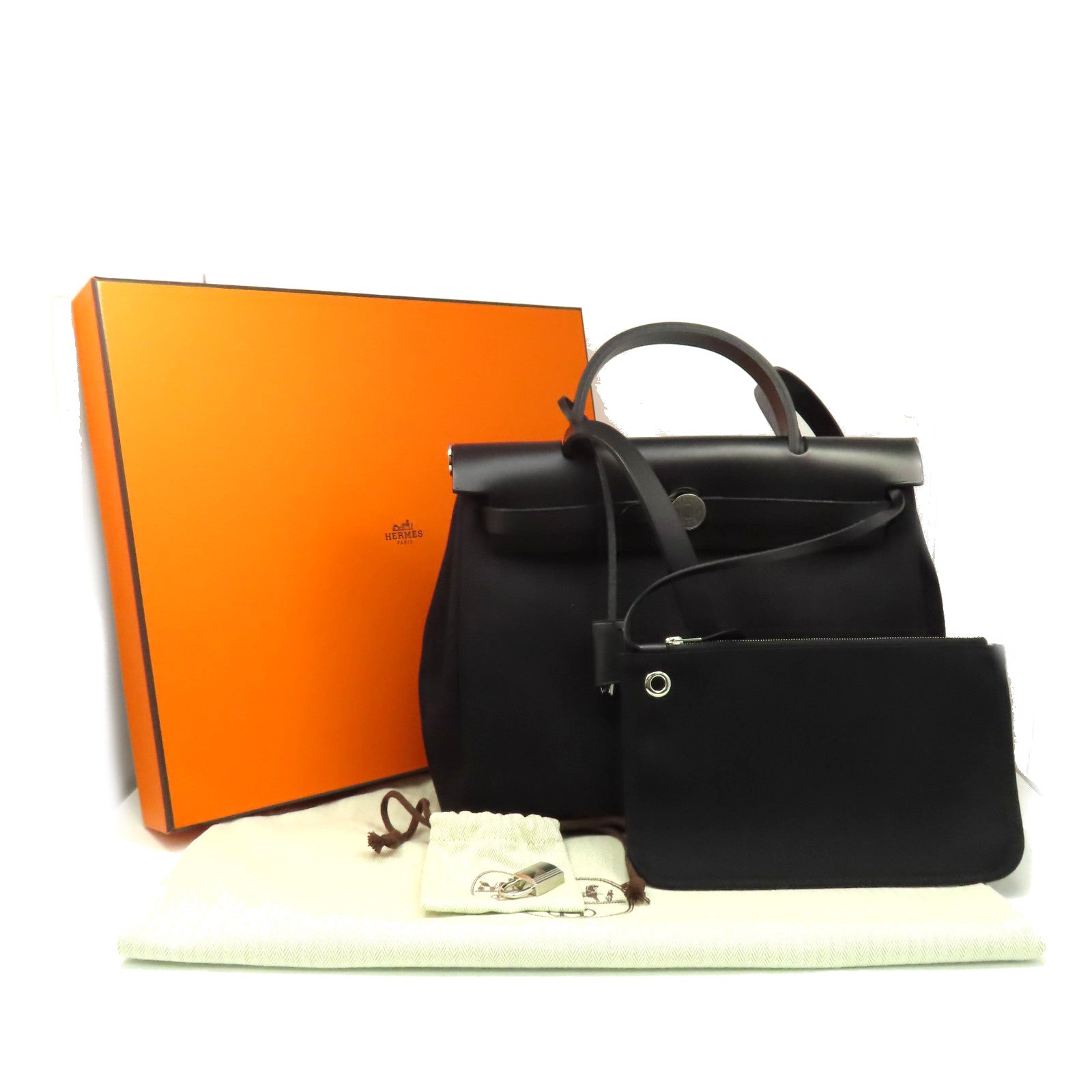 HERMES 帆布Herbag PM 2Way Shoulder Bag銀扣手挽肩背兩用袋黑色